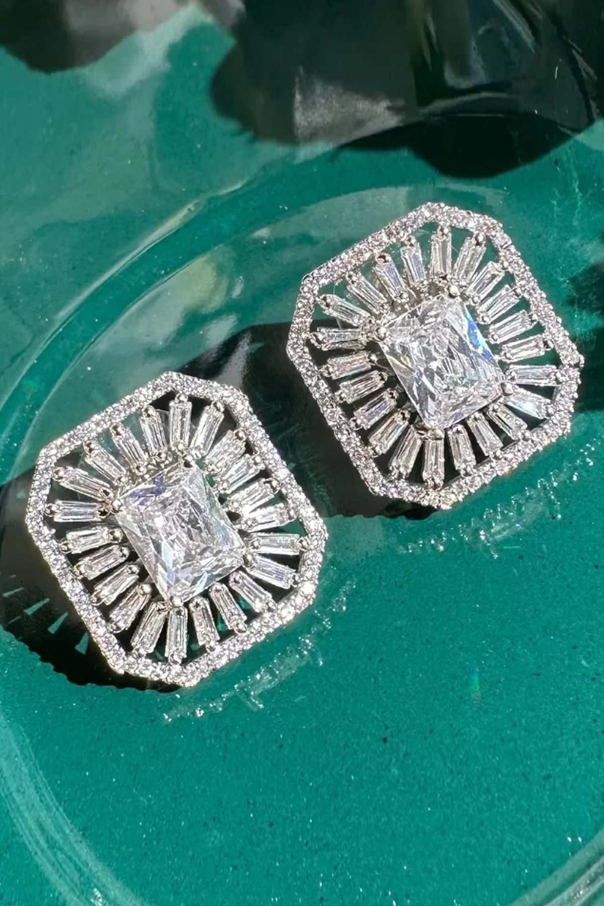 Cubic Zirconia Square Stud Earrings