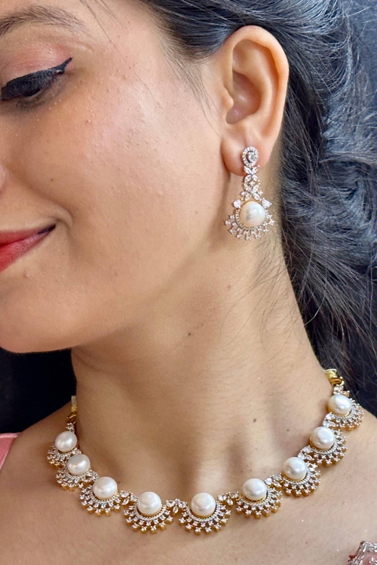 Buy Cubic Pearl White Necklace Set for women by J Pearls online available at scrollnshops
