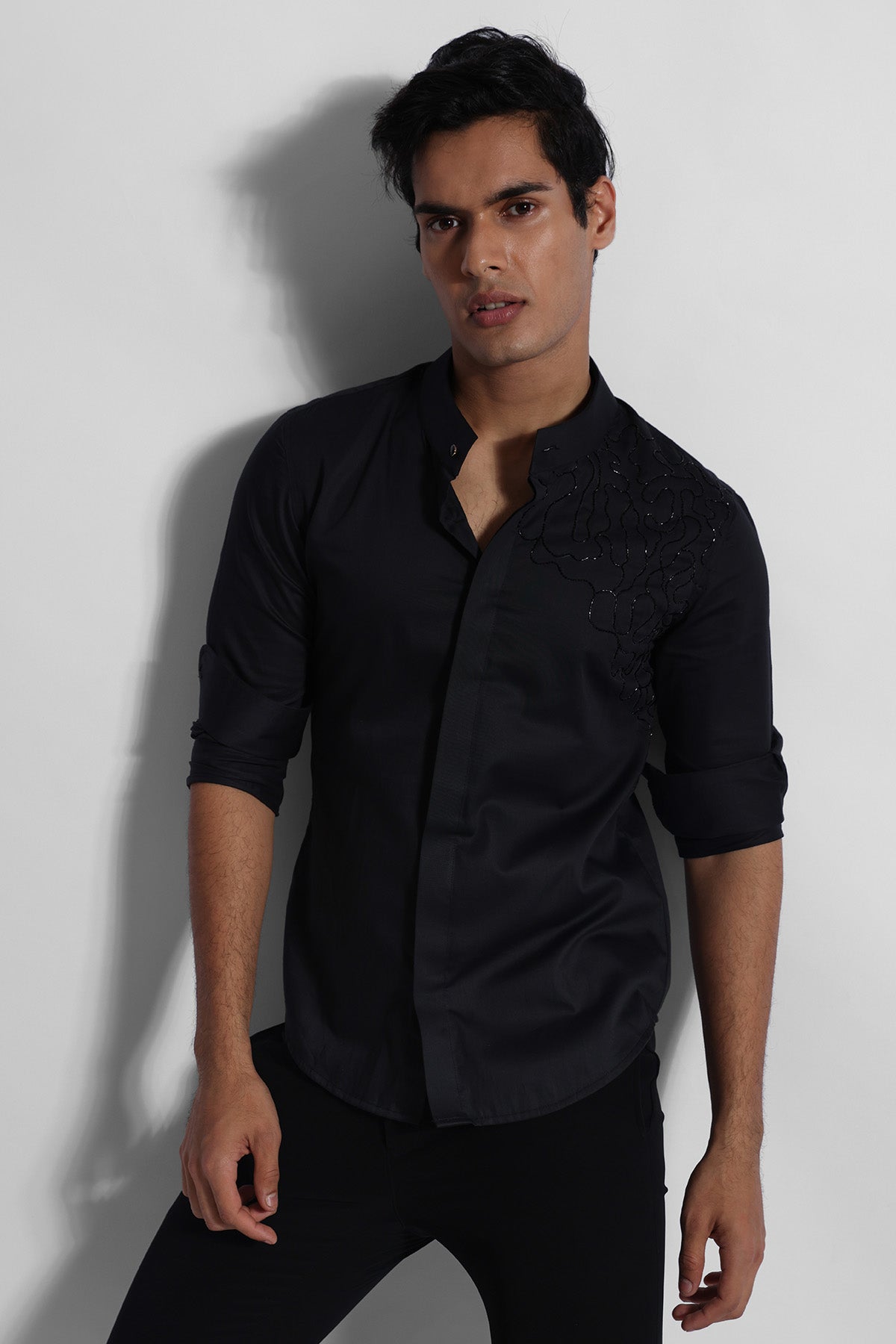 Buy Cutdana Giza Cotton Black Shirt for men by Paarsh Atelier online available at scrollnshops