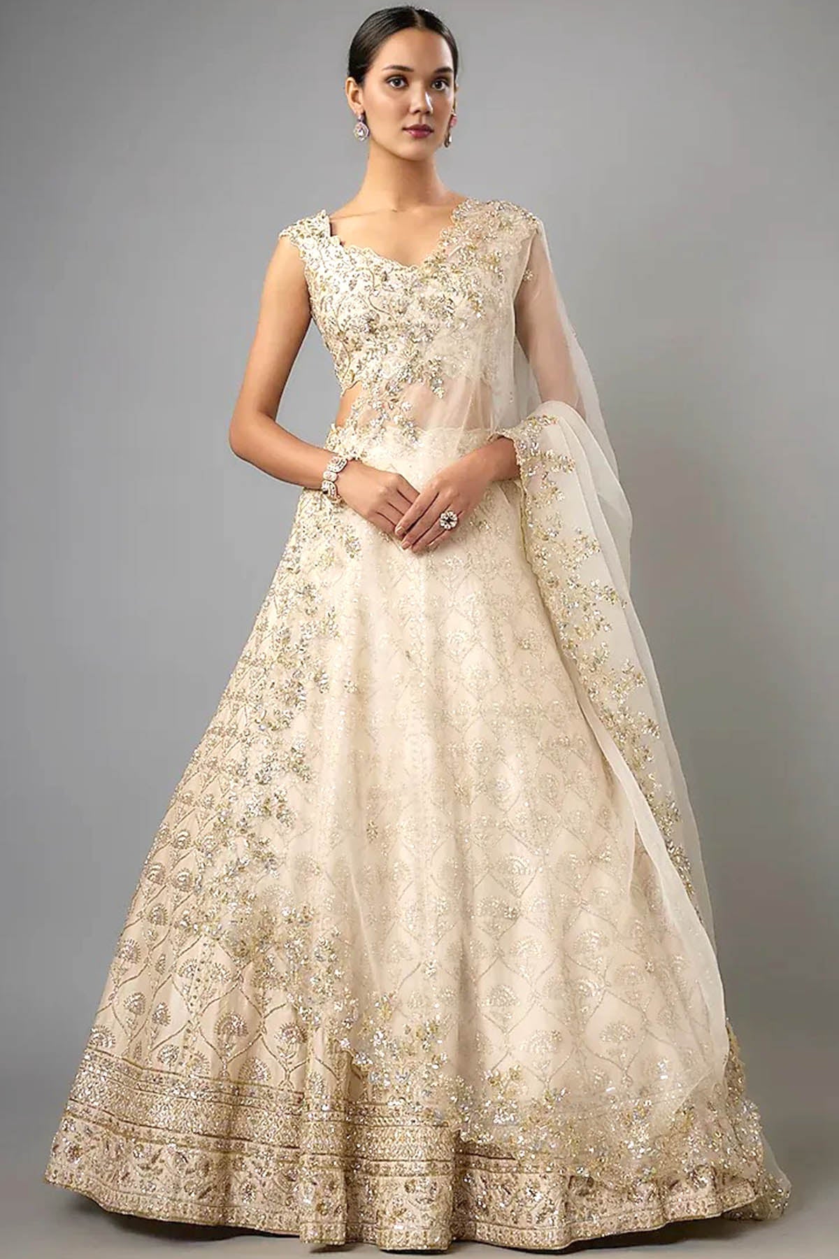 Buy Cutdana Work Ivory Lehenga Set by Shlok Design for women online at ScrollnShops