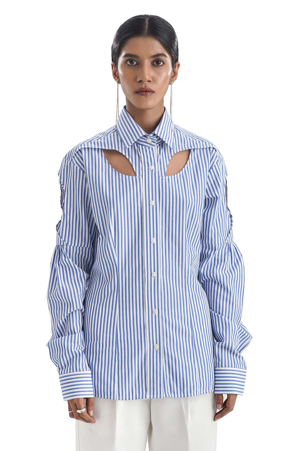 Cutout Blue Stripe Cotton Shirt