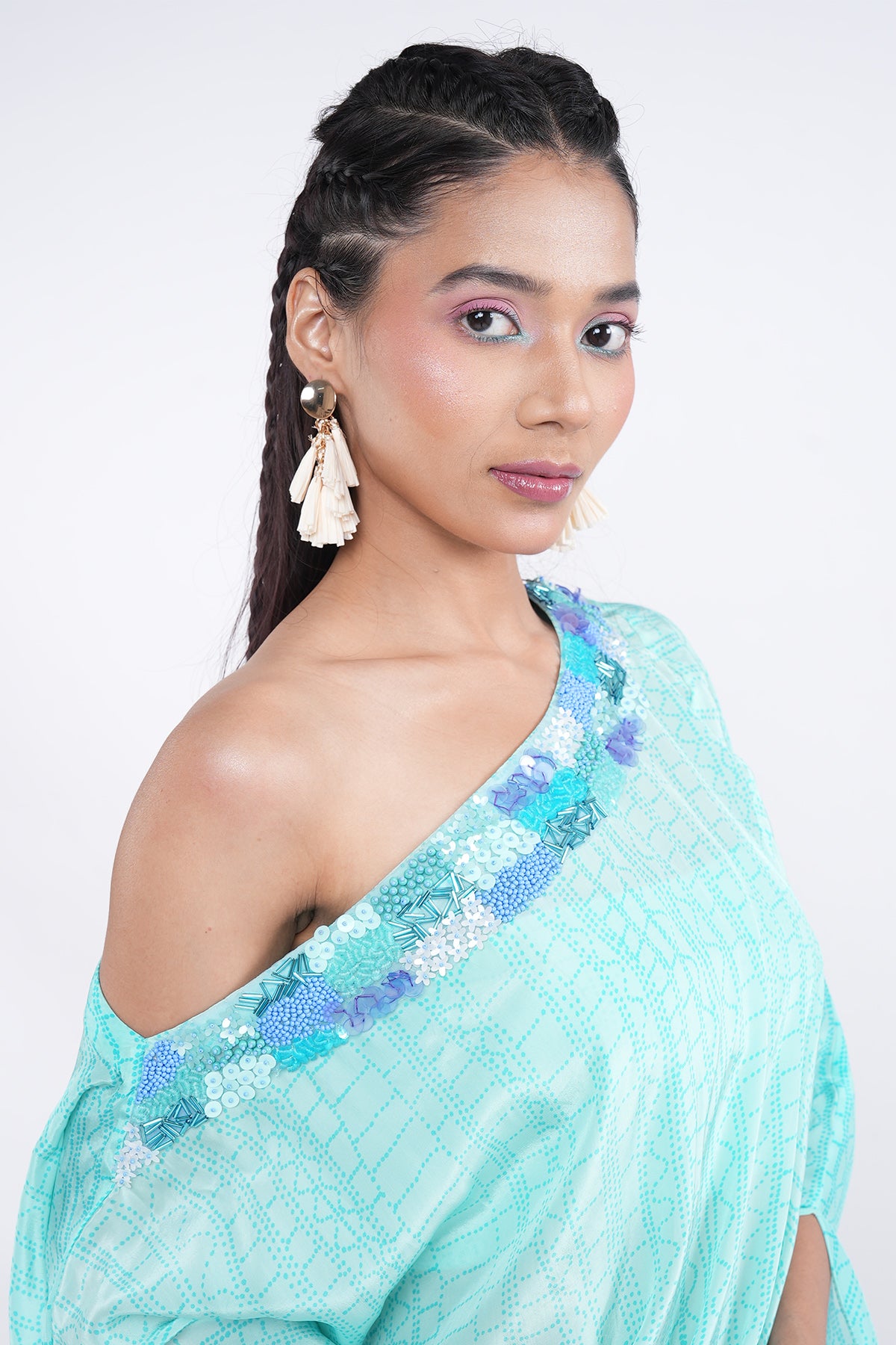 Cyan Beads Embroidered Skirt Set