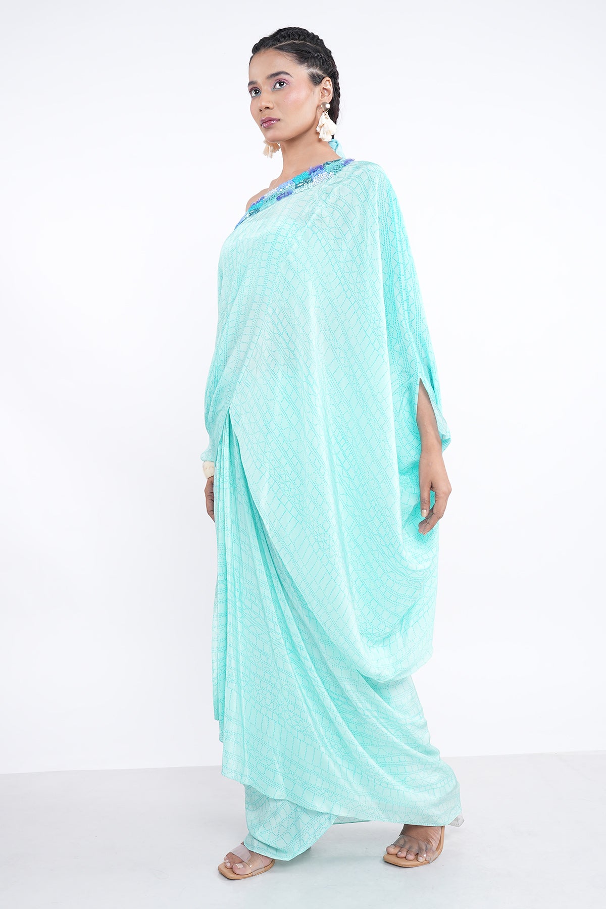 Cyan Beads Embroidered Skirt Set