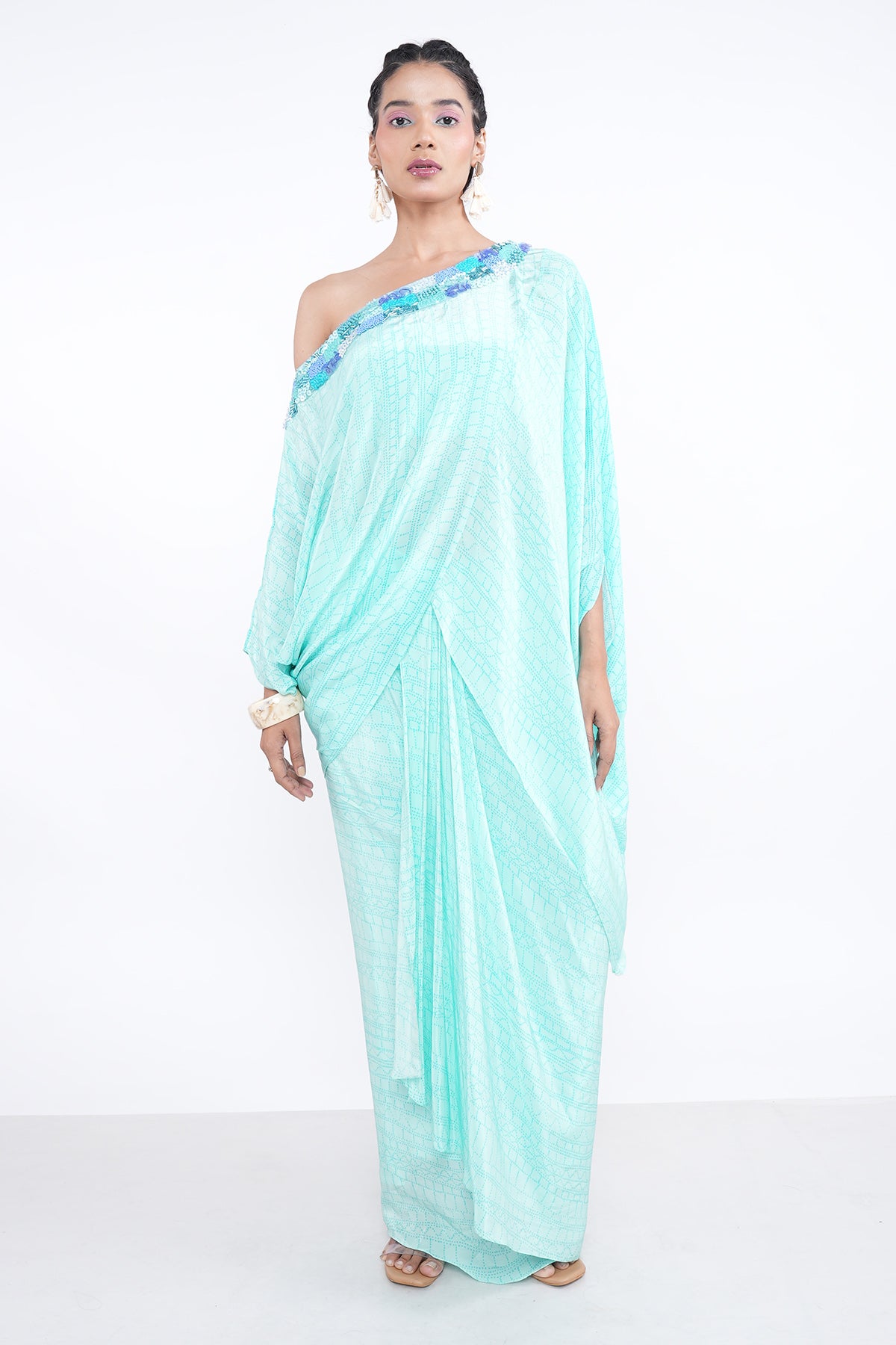 Cyan Beads Embroidered Skirt Set