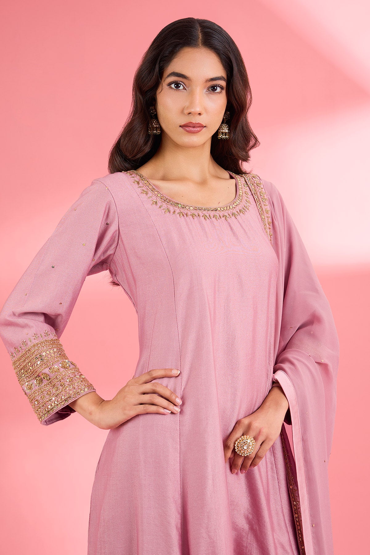 Dabka Embroidery Pink Kurta Set