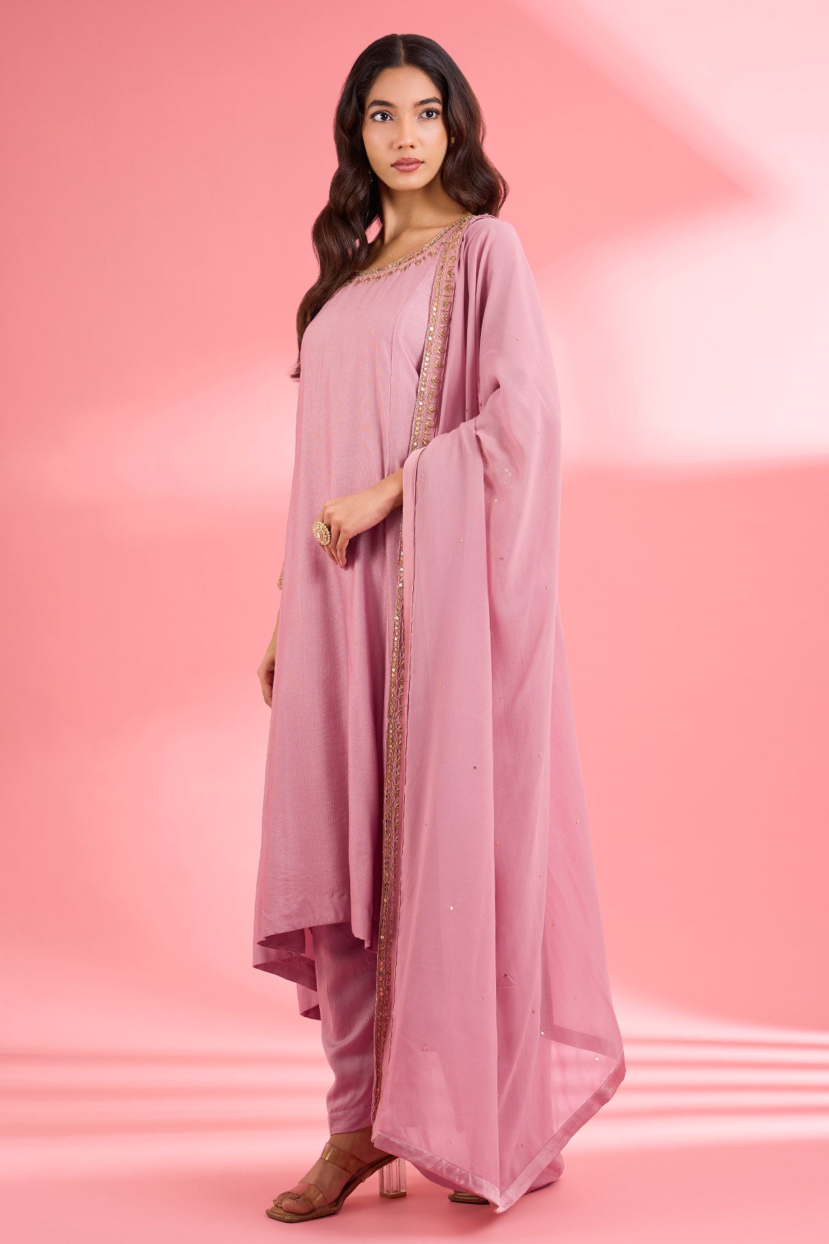 Dabka Embroidery Pink Kurta Set