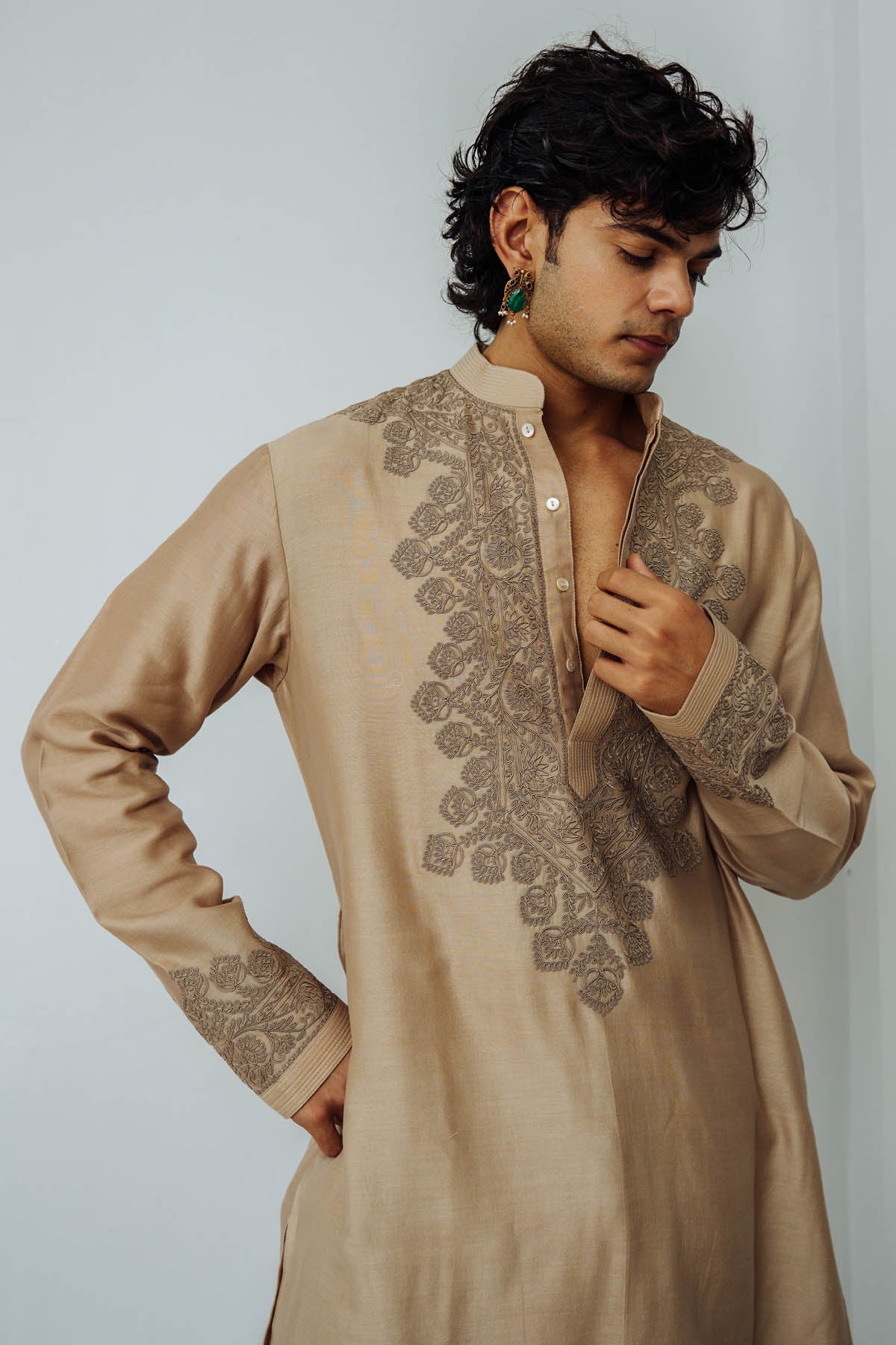Dark Beige Chanderi Kurta Set