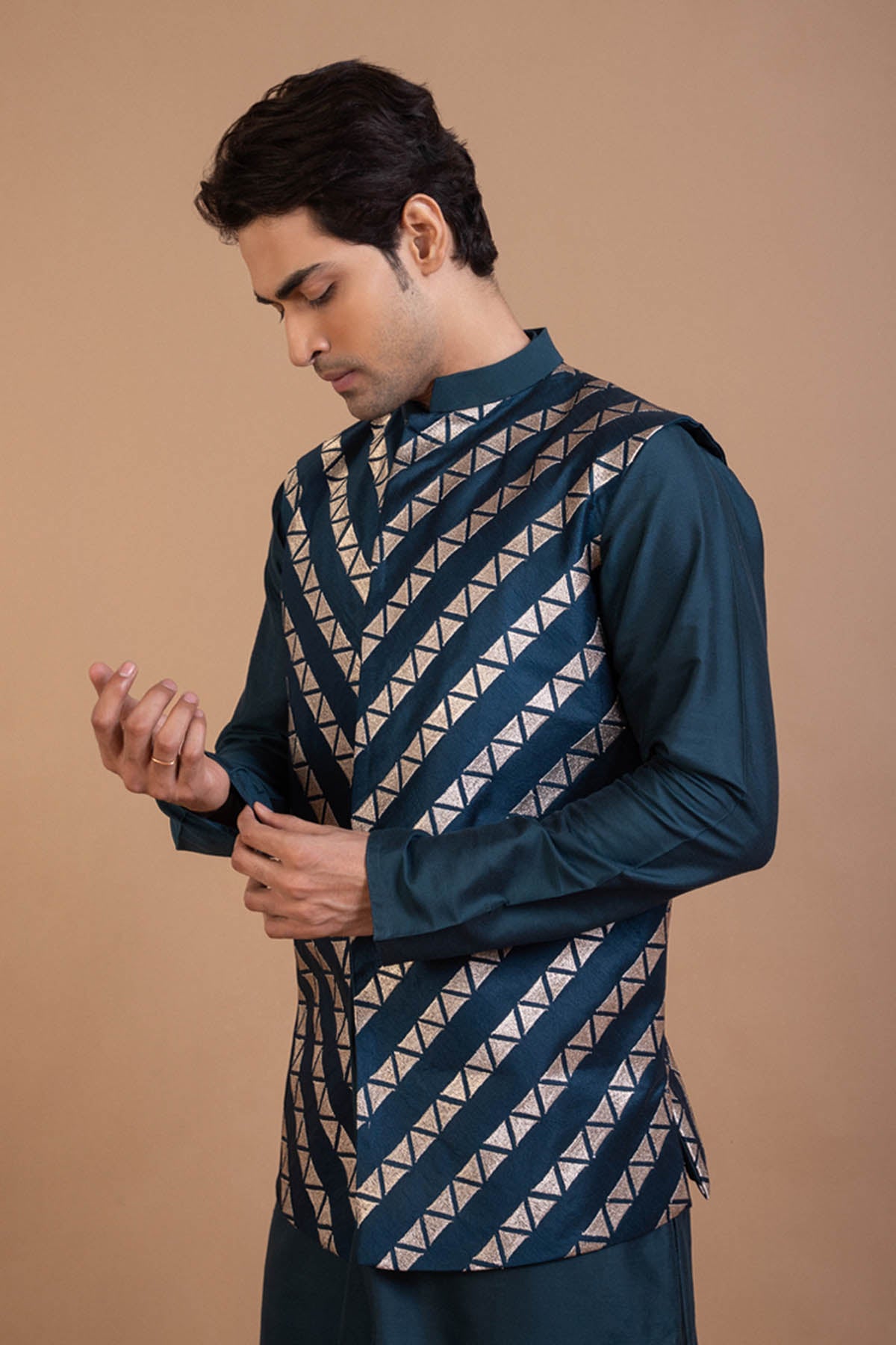 Dark Blue Cotton Silk Bundi Set