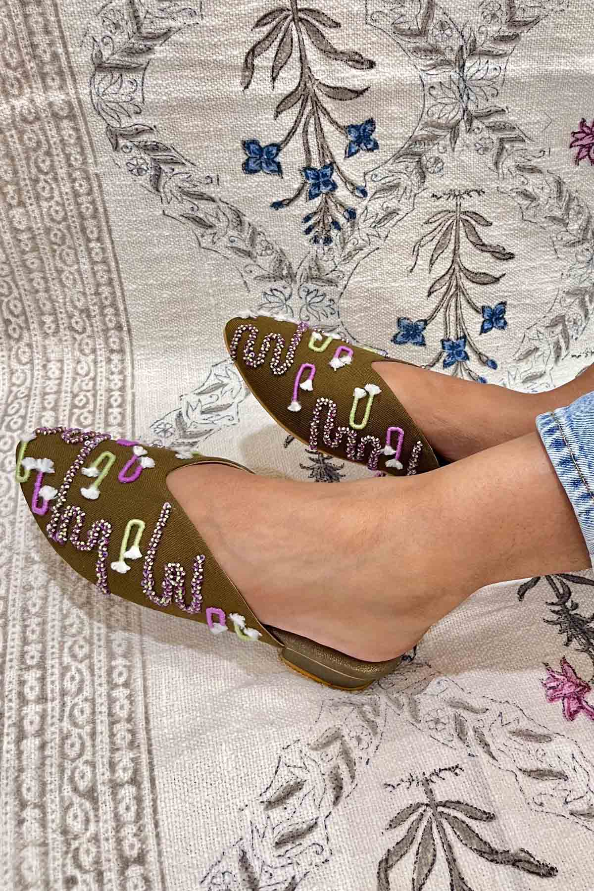 Dark Brown Embroidered Mules