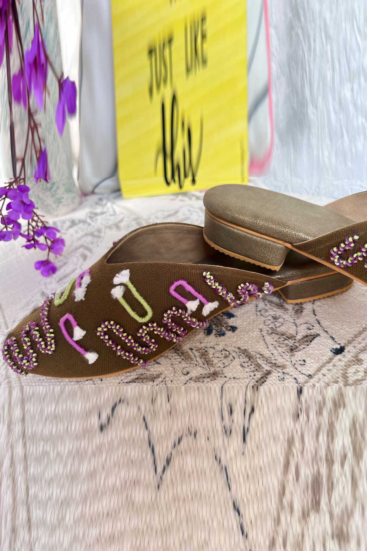 Dark Brown Embroidered Mules