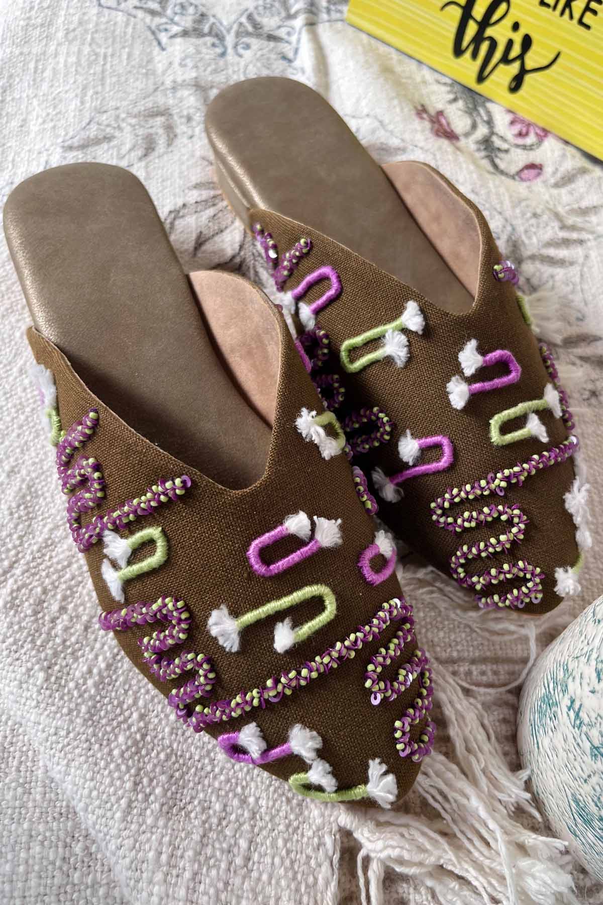 Dark Brown Embroidered Mules