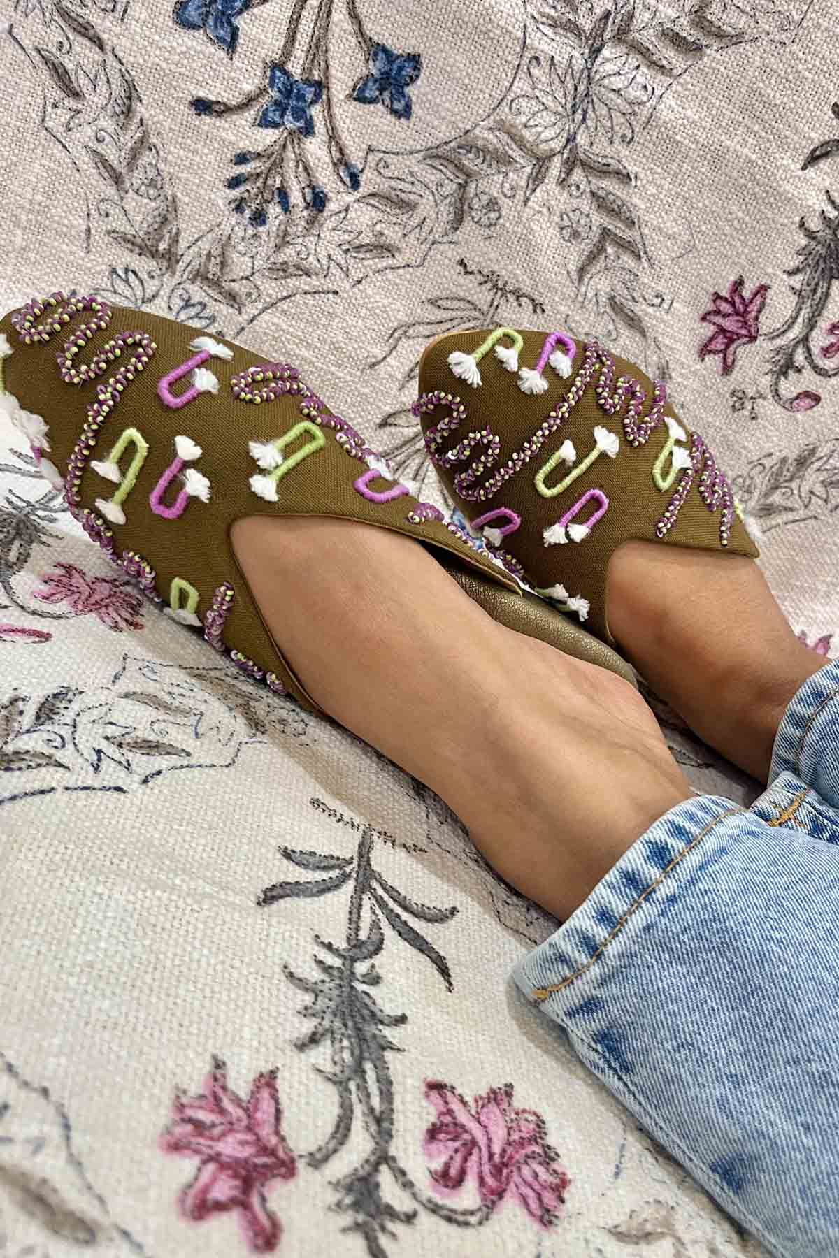 Dark Brown Embroidered Mules