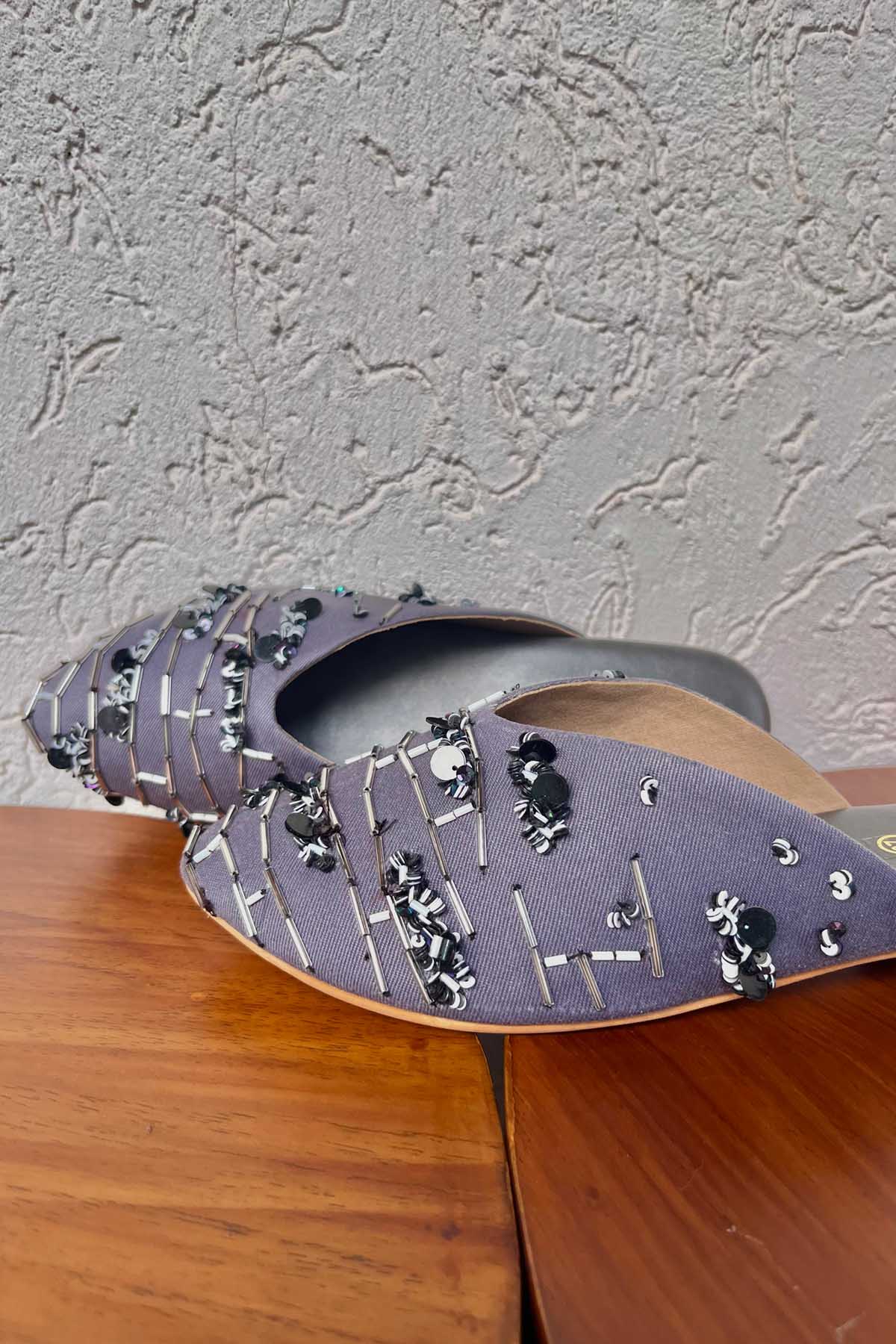 Dark Grey Embroidered Mules