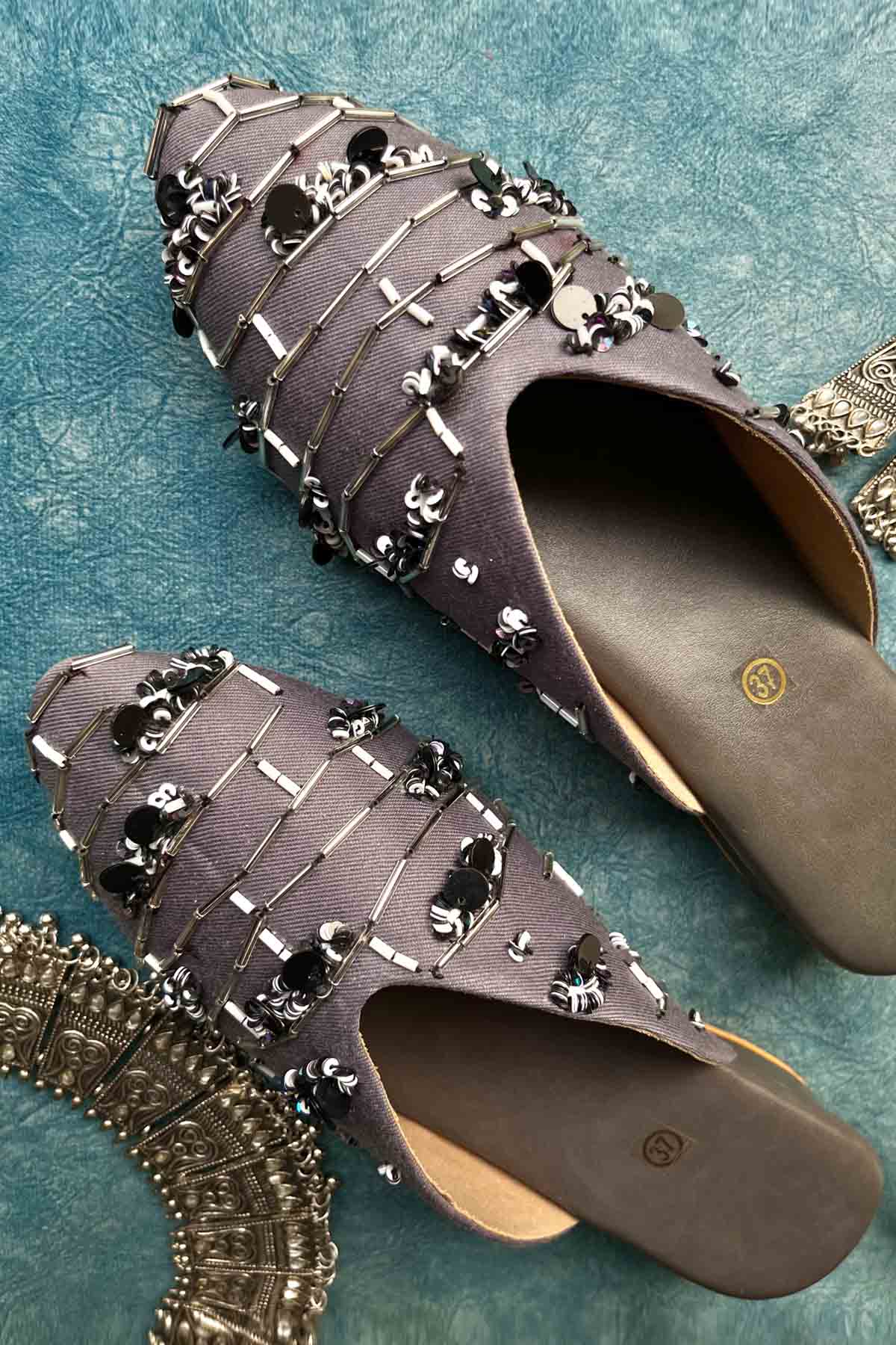 Dark Grey Embroidered Mules