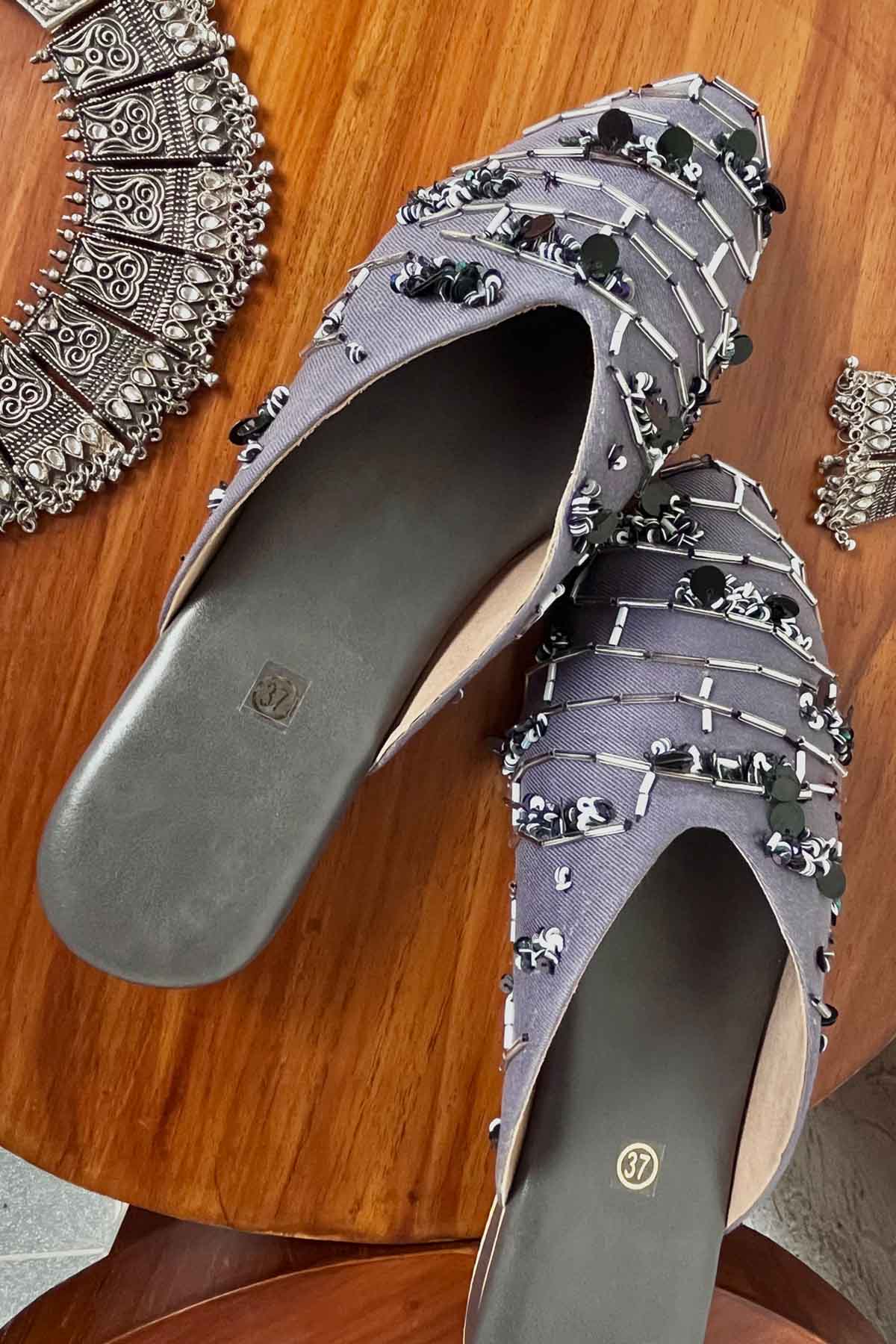 Dark Grey Embroidered Mules