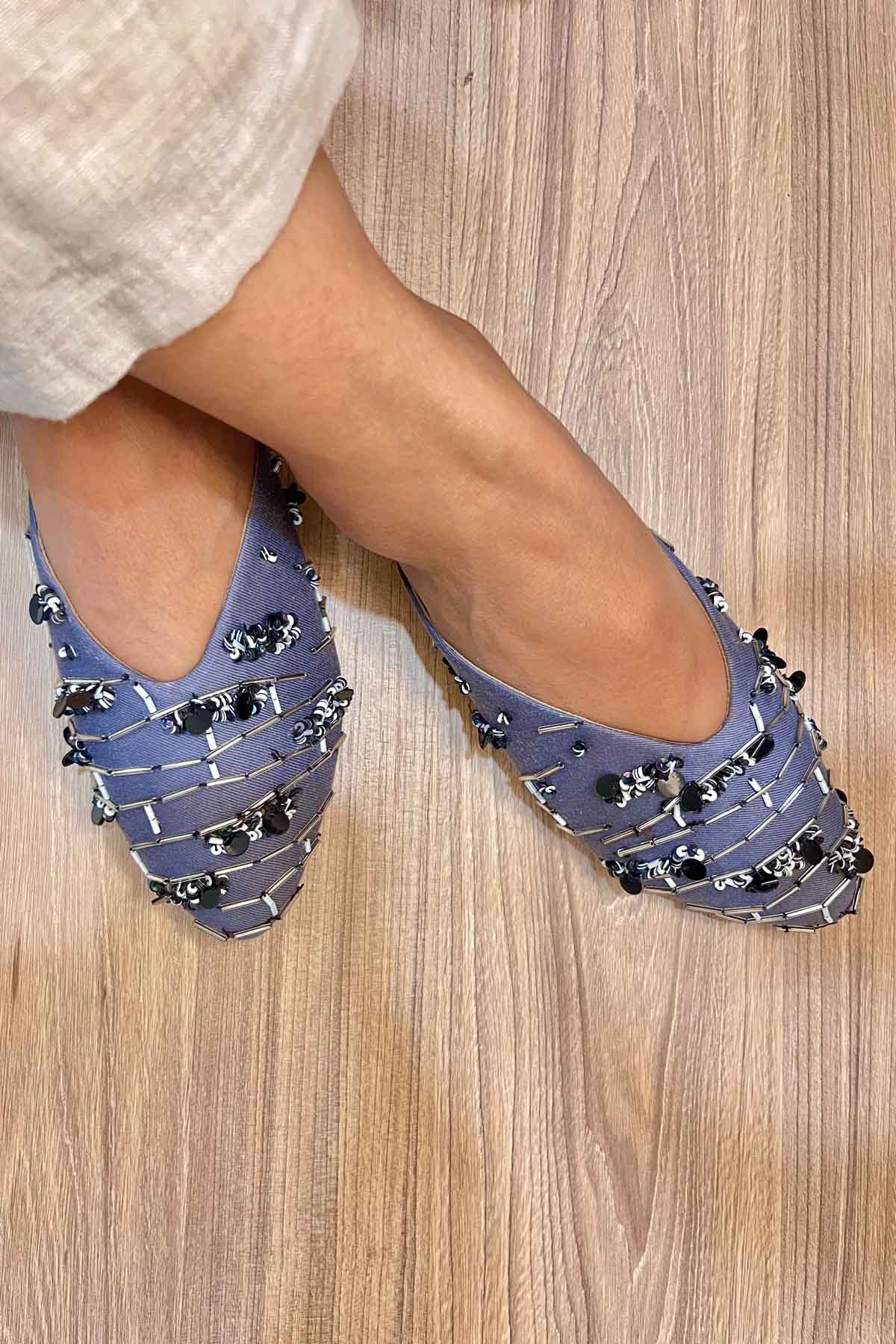 Dark Grey Embroidered Mules
