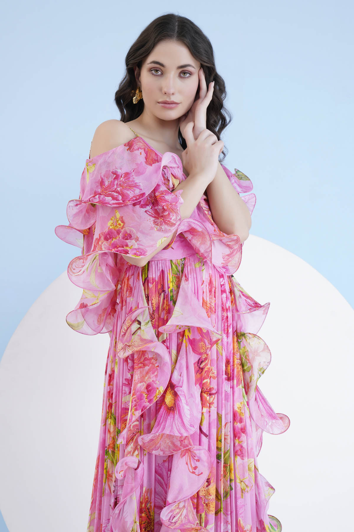 Dark Pink Cascade Long Dress