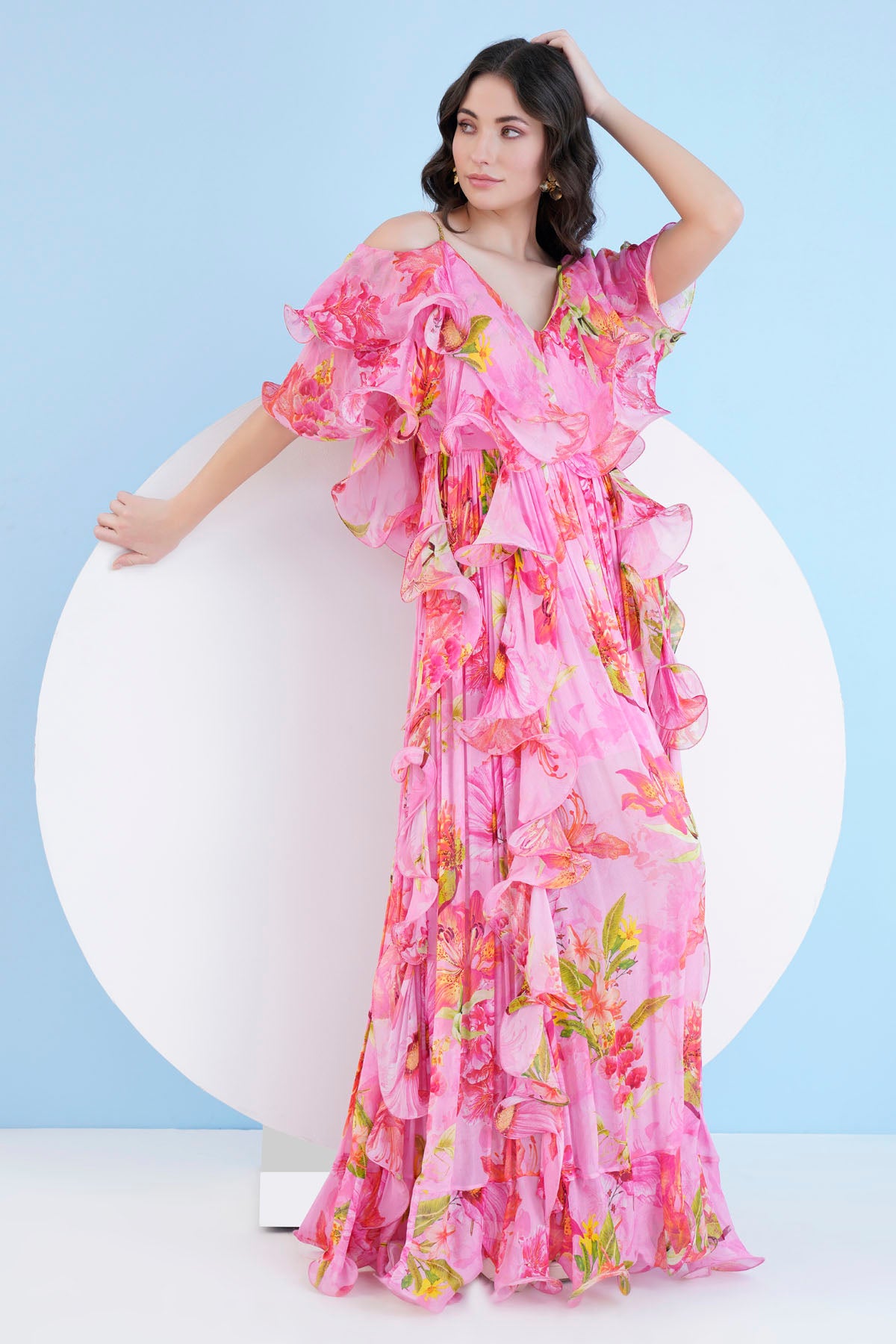 Dark Pink Cascade Long Dress