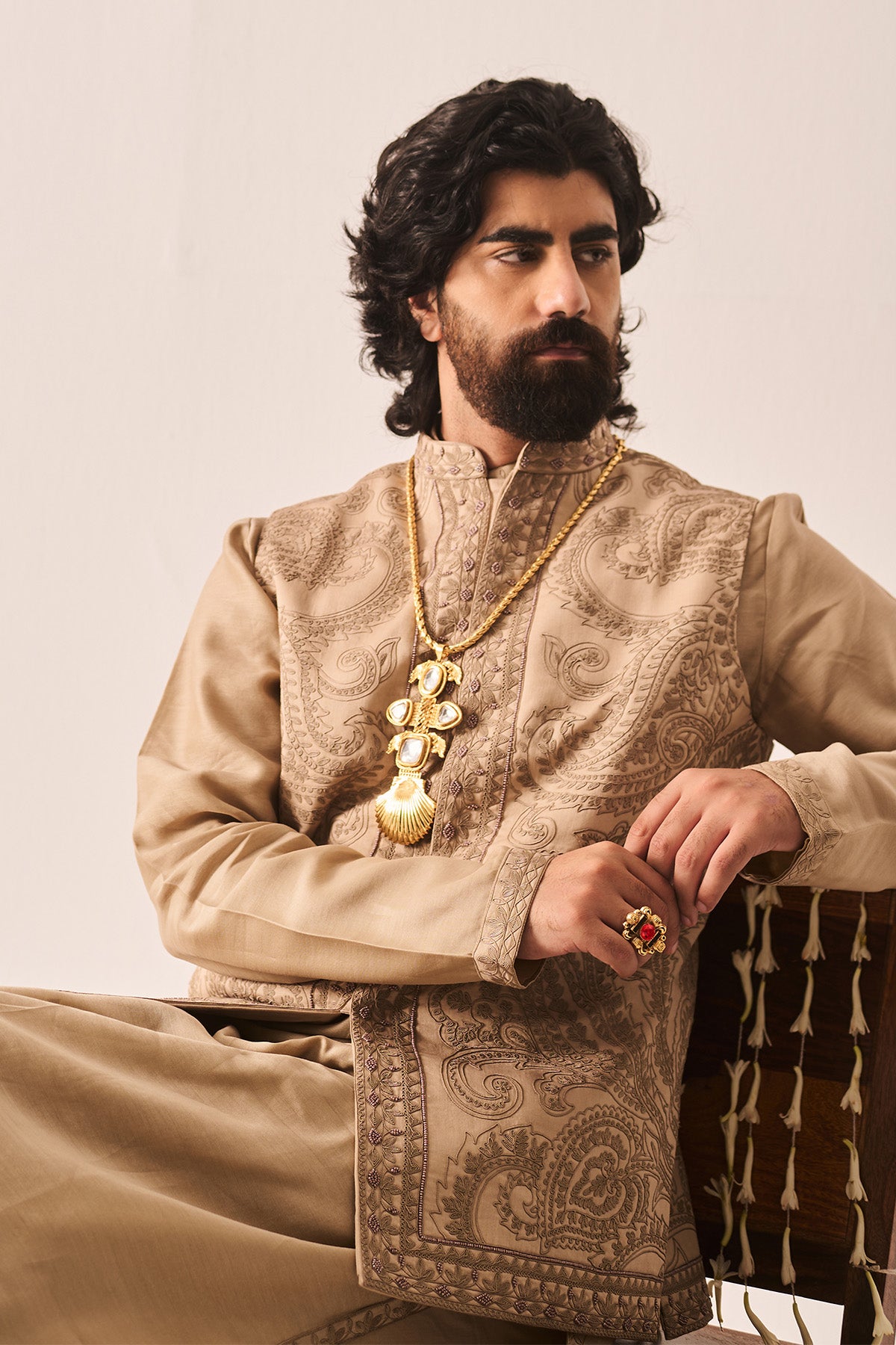 Dark Beige Handloom Bundi Set