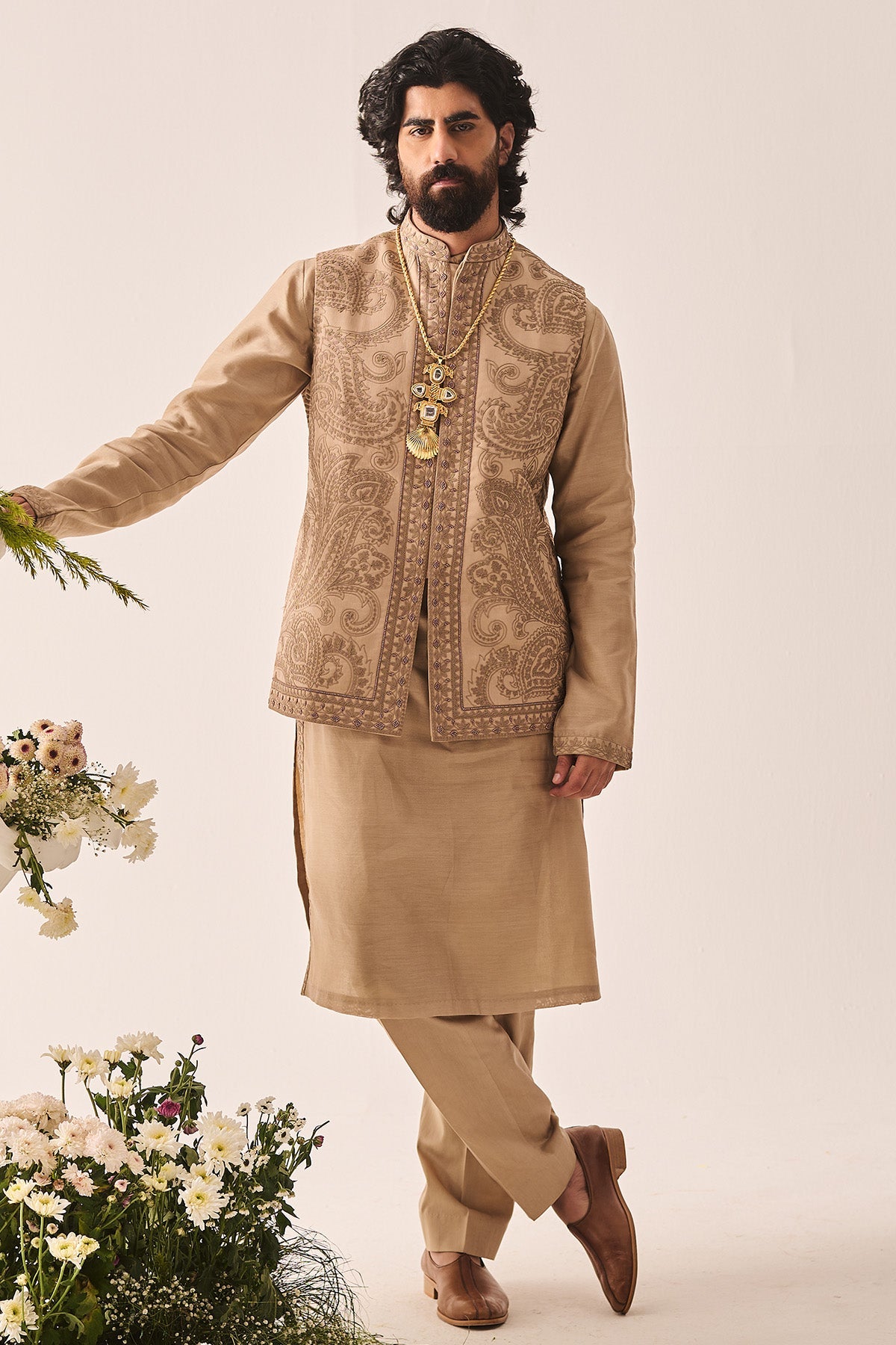 Buy Dark Beige Handloom Bundi Set for Men by WABI SABI available online at ScrollnShops