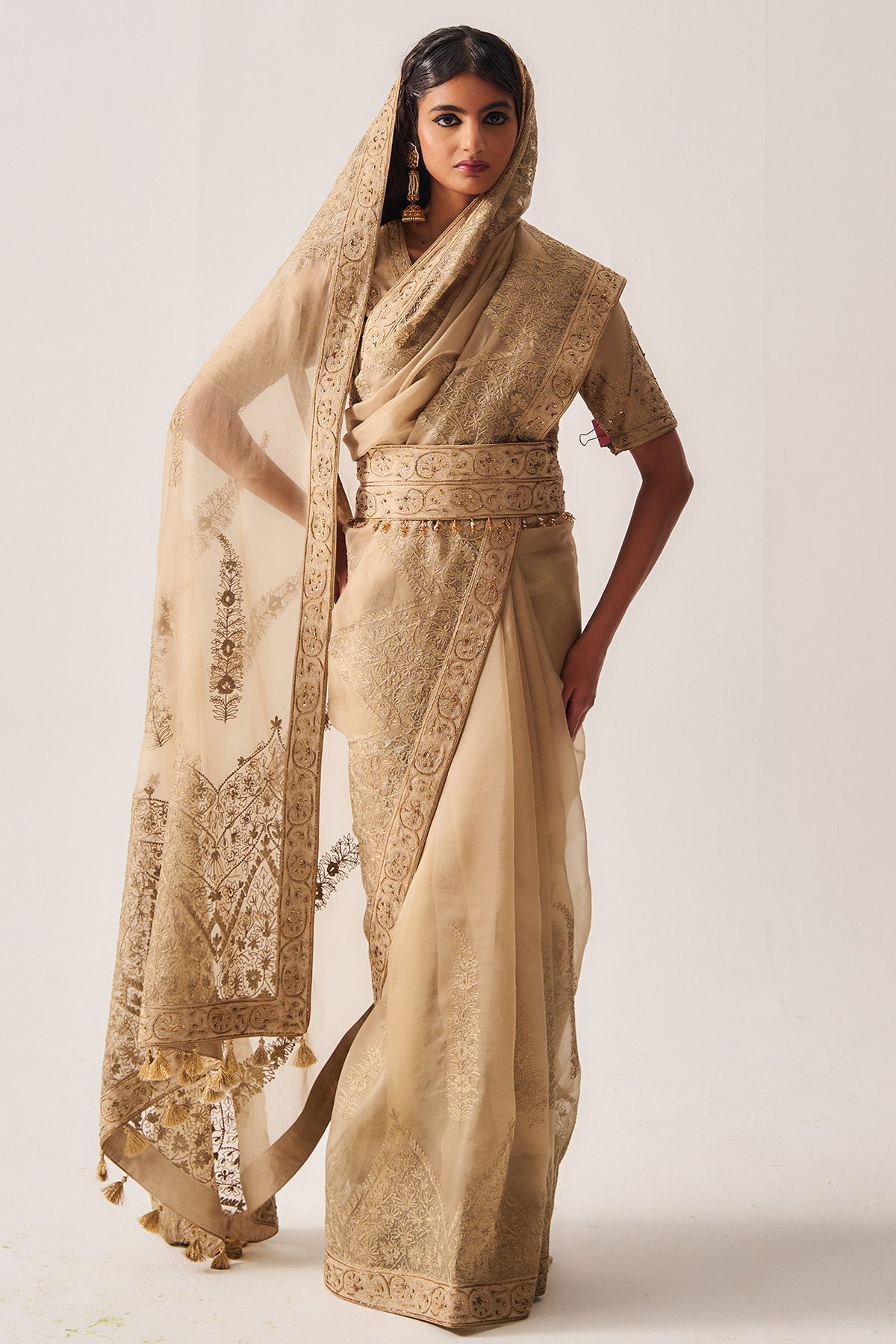 Buy Dark Beige Organza Saree Set for Women by WABI SABI available online at ScrollnShops