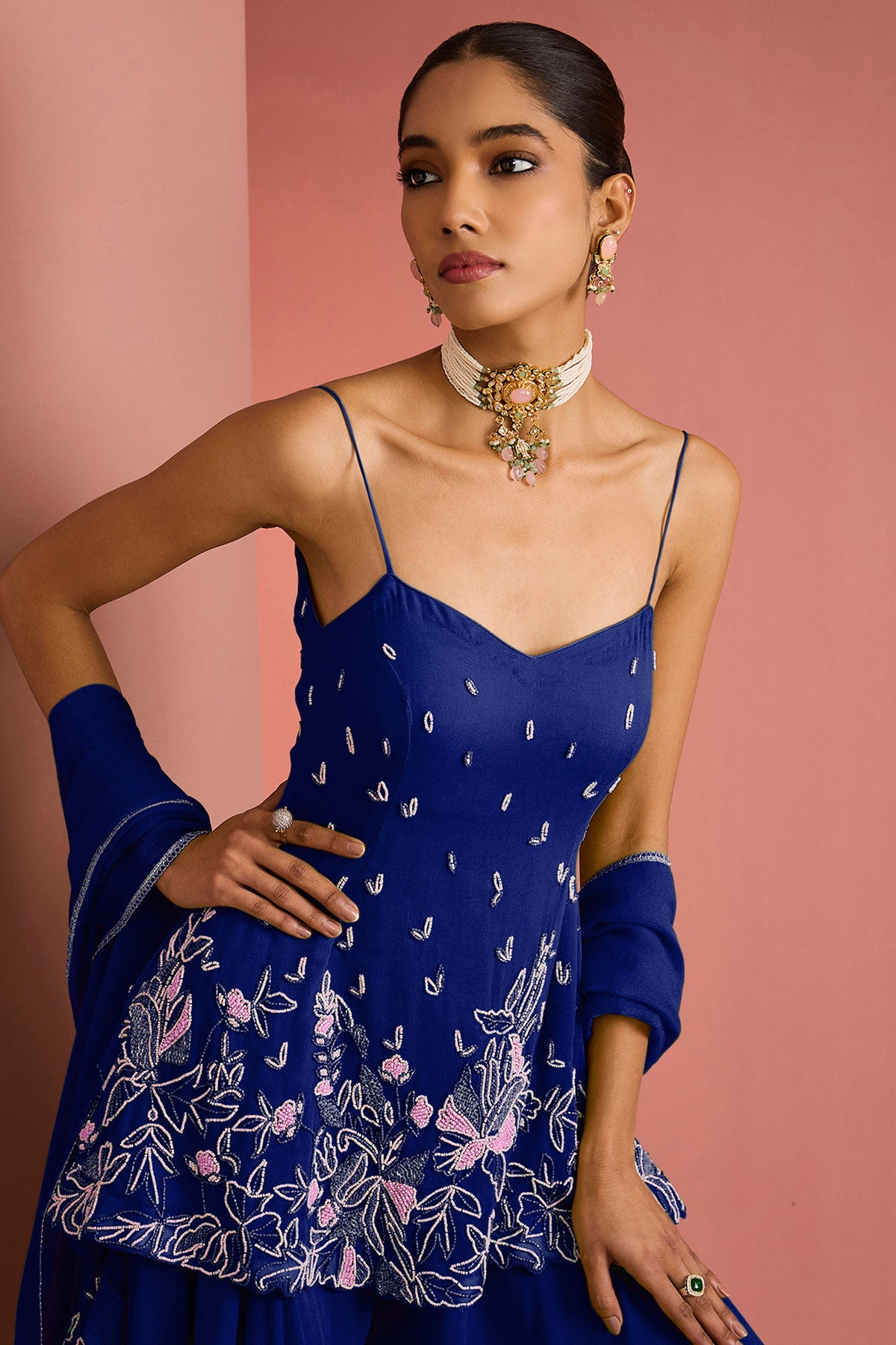 Dark Blue Crepe Beads Kurta Set