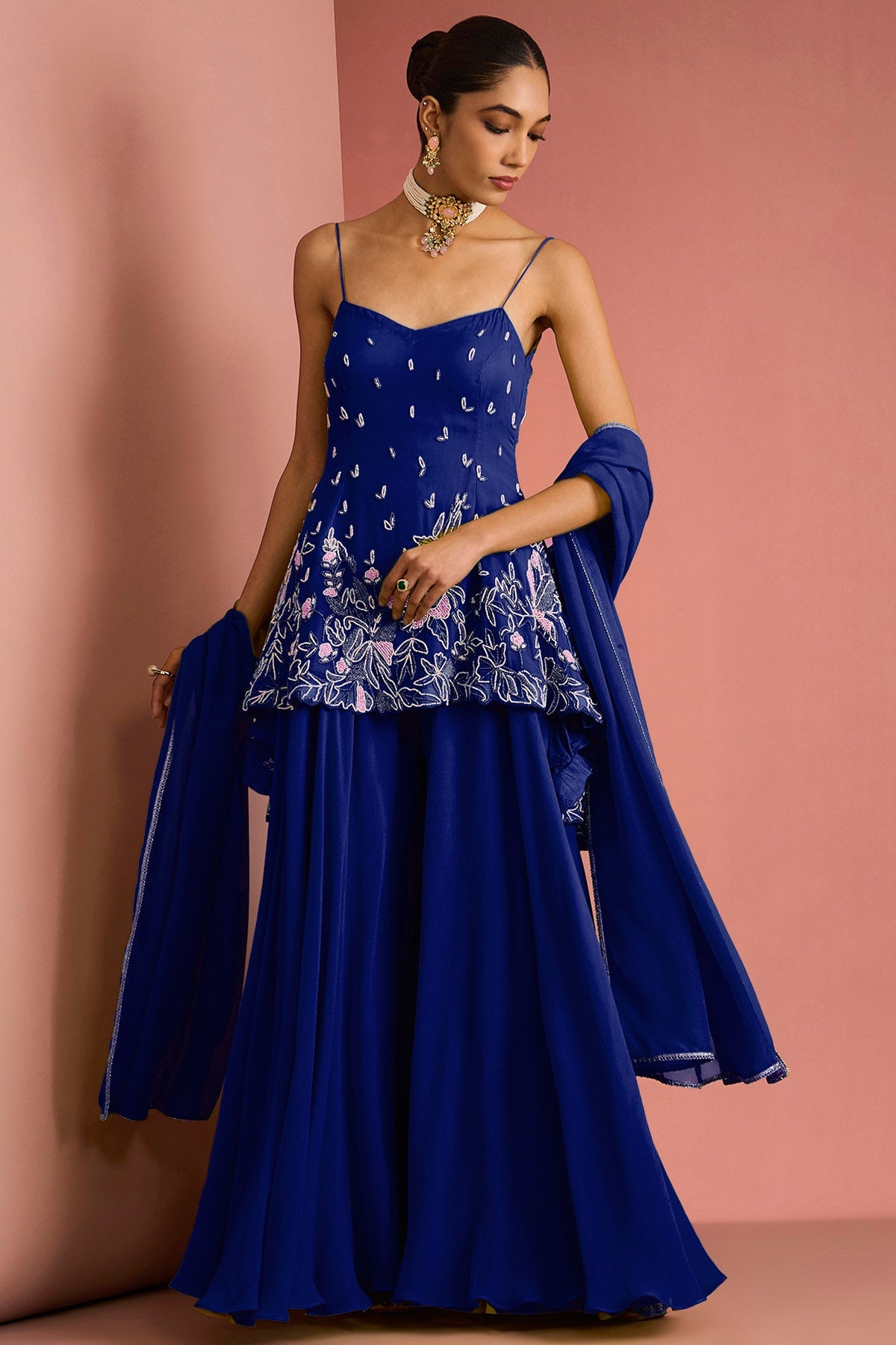 Buy Dark Blue Crepe Beads Kurta Set for women by Milu Madan online available at scrollnshops