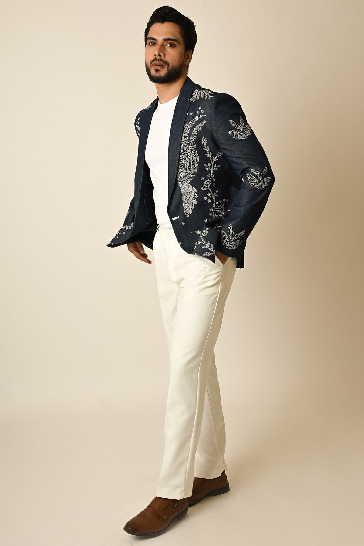 Buy Dark Blue Denim Kathdana Blazer for men by Paarsh Atelier online available at scrollnshops