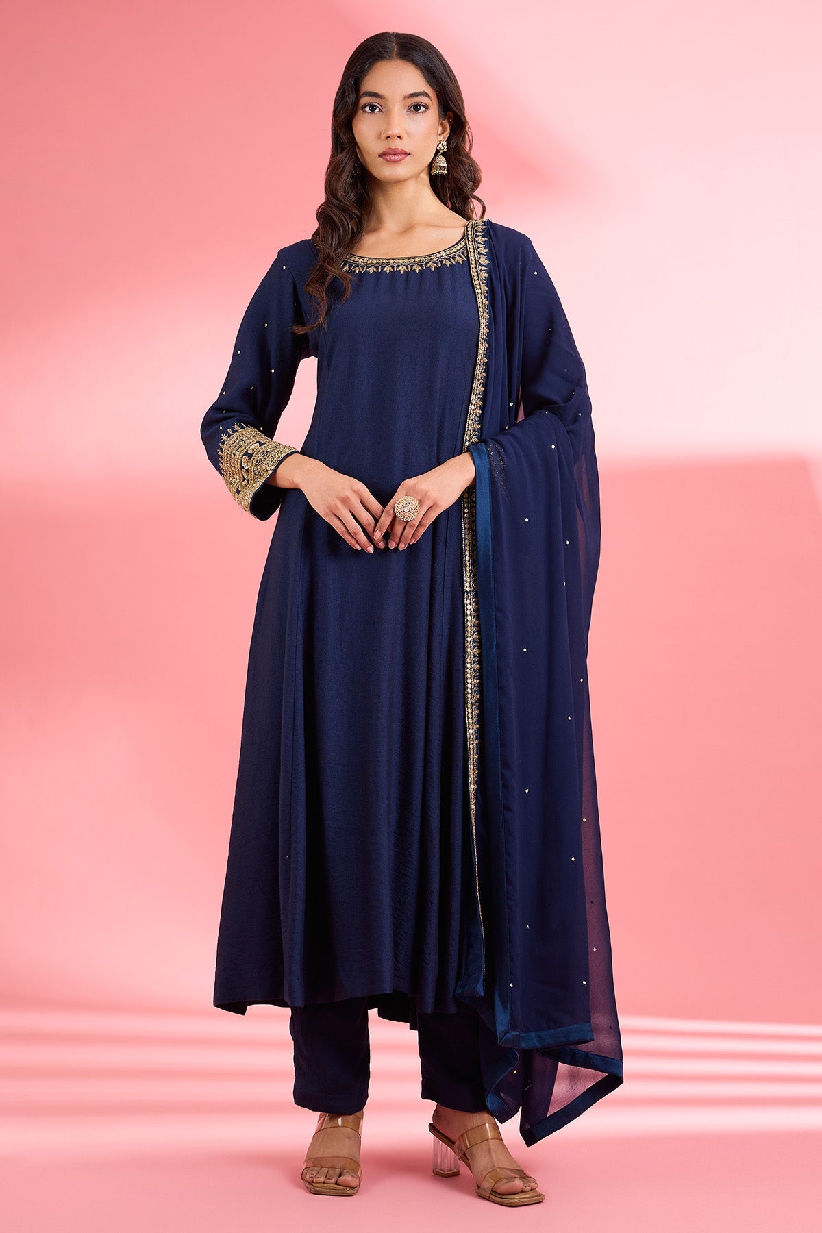 Buy Dark Blue Katan Silk Kurta Set for women by Milu Madan online available at scrollnshops