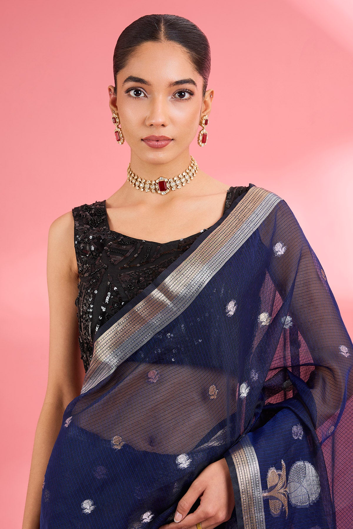 Dark Blue Kota Doria Silk Saree
