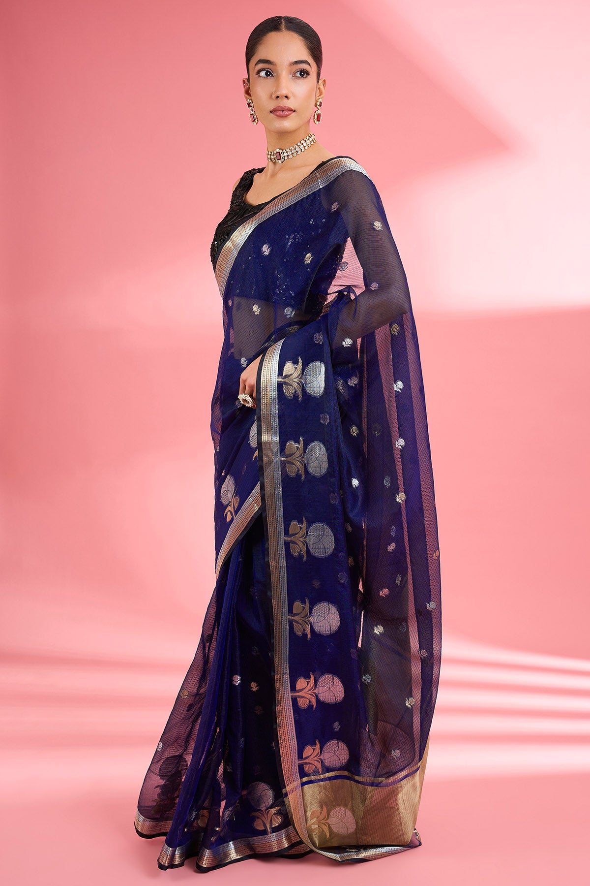 Dark Blue Kota Doria Silk Saree