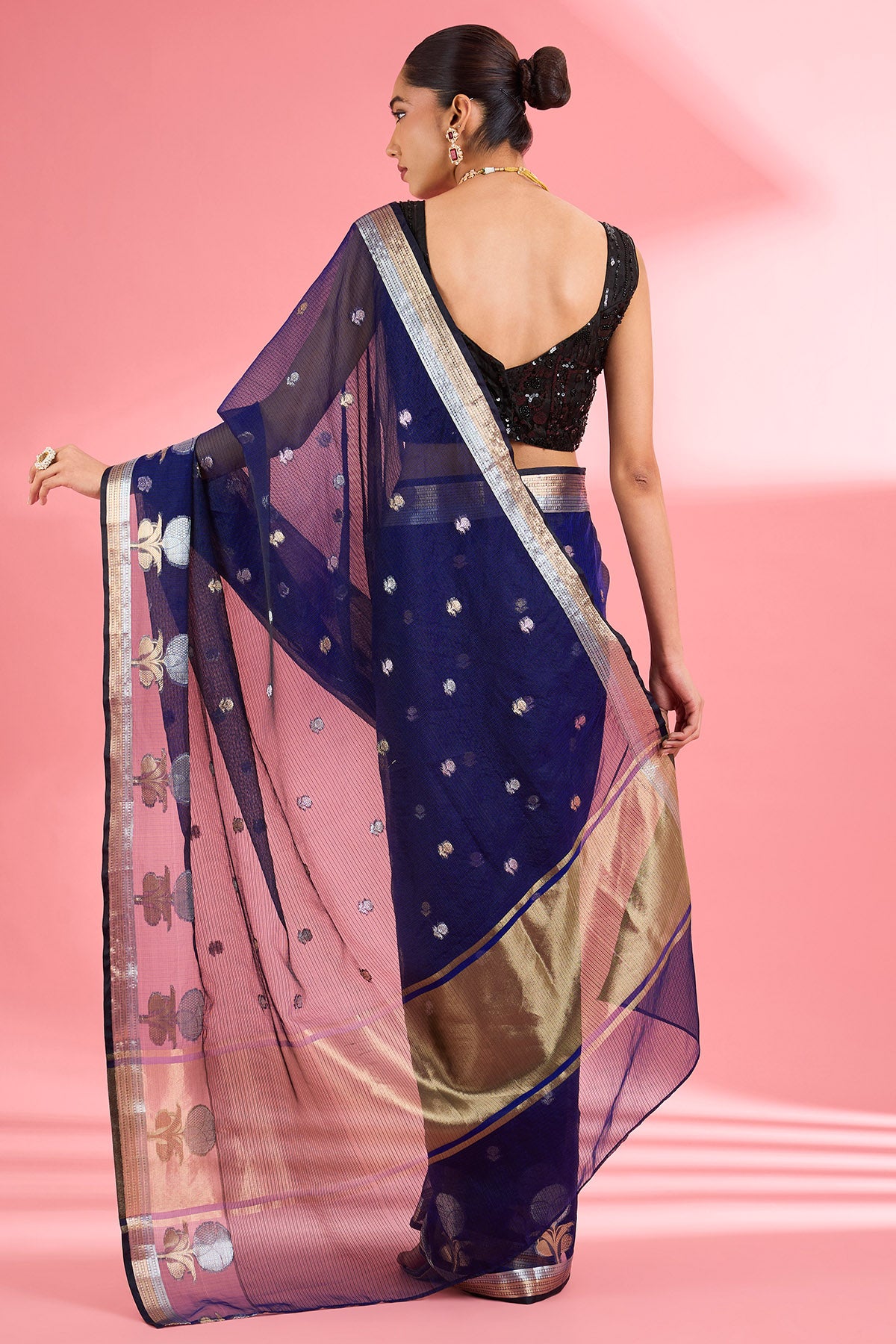 Dark Blue Kota Doria Silk Saree