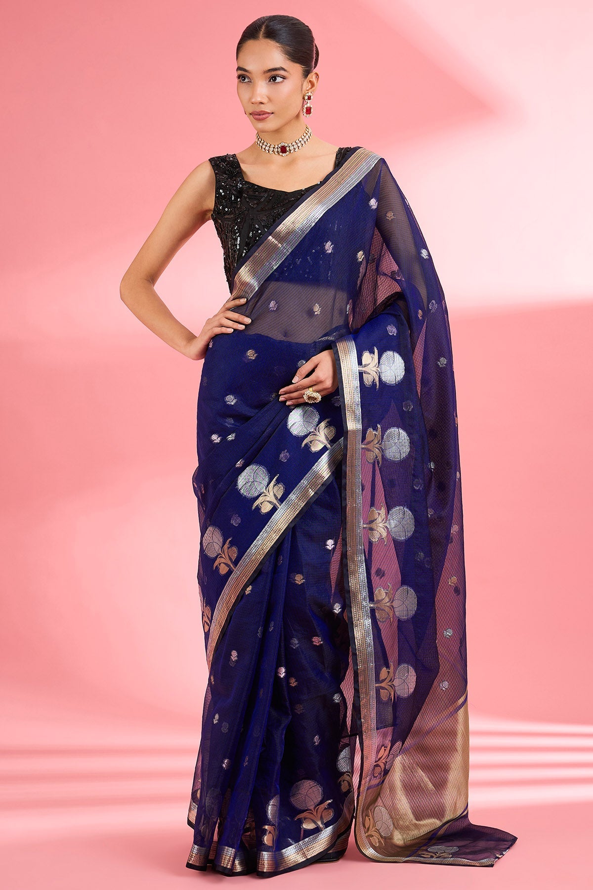 Buy Dark Blue Kota Doria Silk Saree for women by Milu Madan online available at scrollnshops