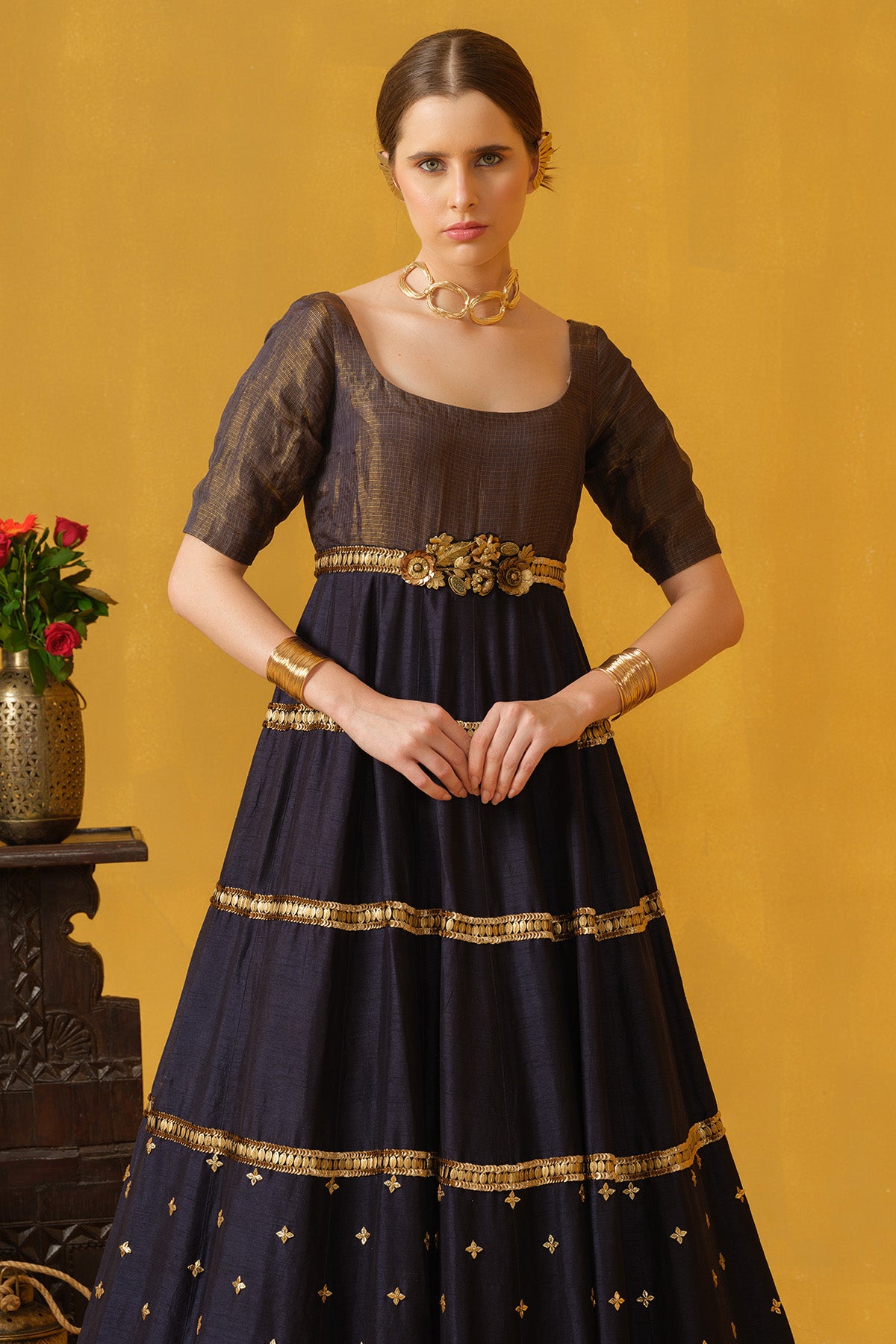 Dark Blue Kota Zari Motifs Gown