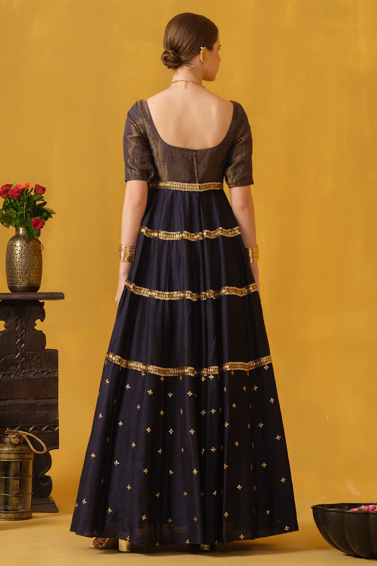 Dark Blue Kota Zari Motifs Gown