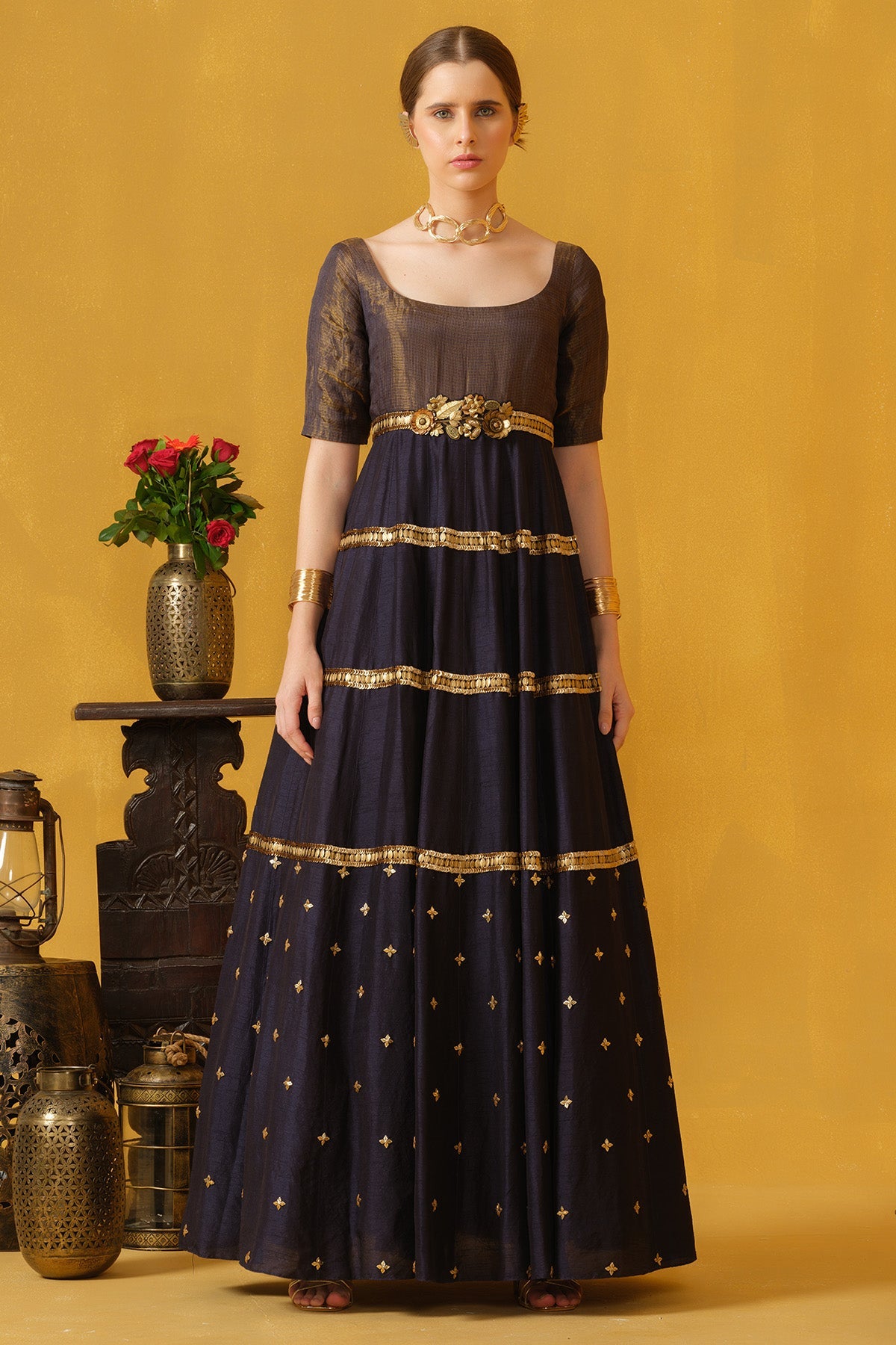 Buy Dark Blue Kota Zari Motifs Gown for women by Abstract By Megha Jain Madaan online available at scrollnshops