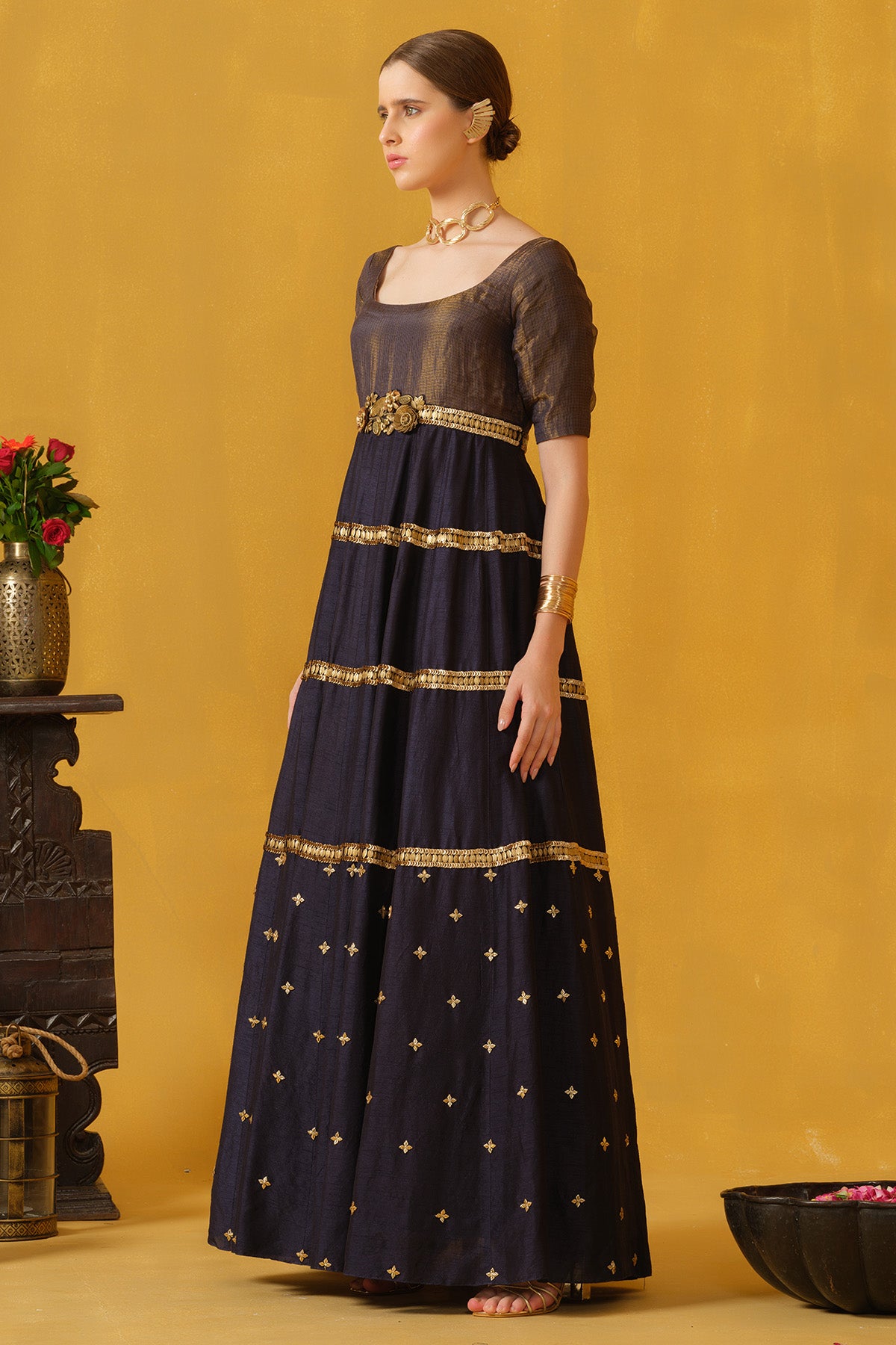 Dark Blue Kota Zari Motifs Gown