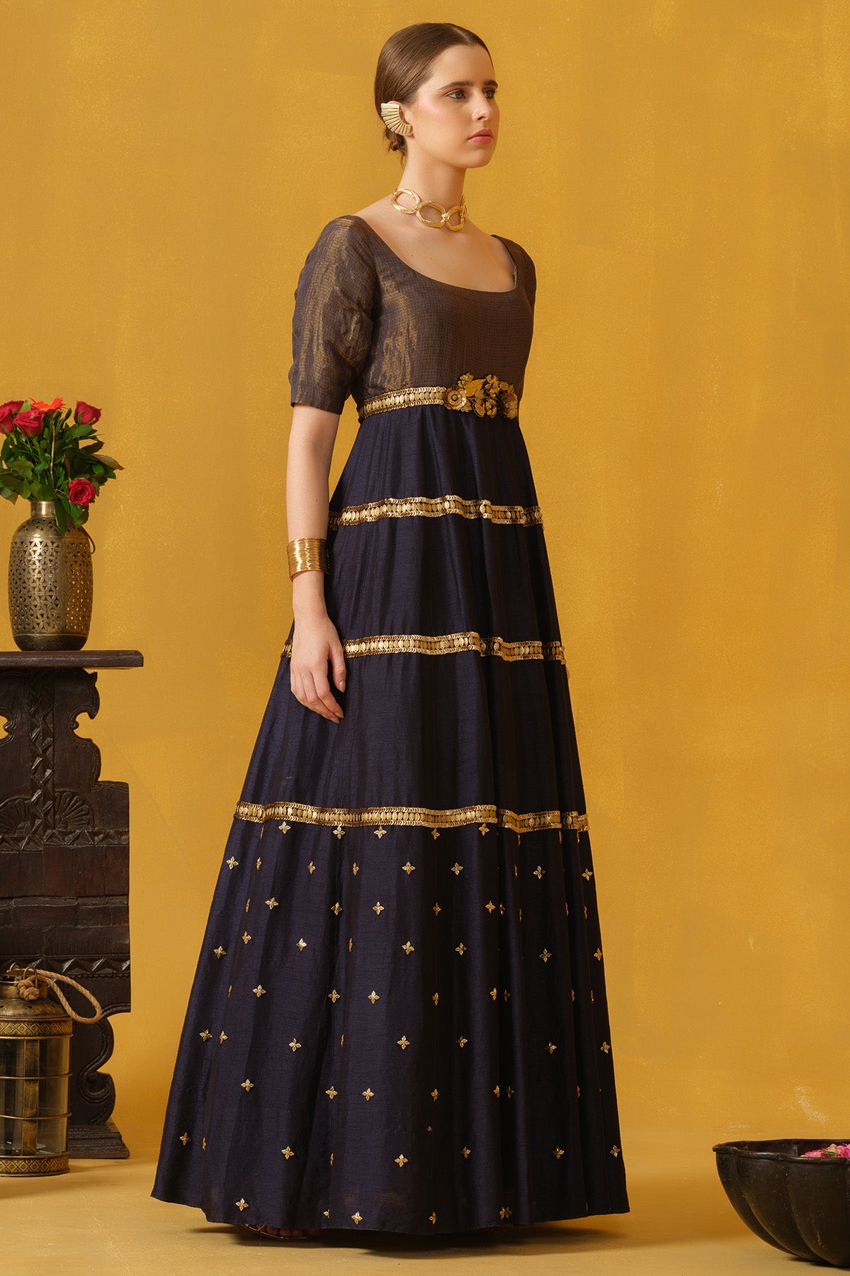 Dark Blue Kota Zari Motifs Gown