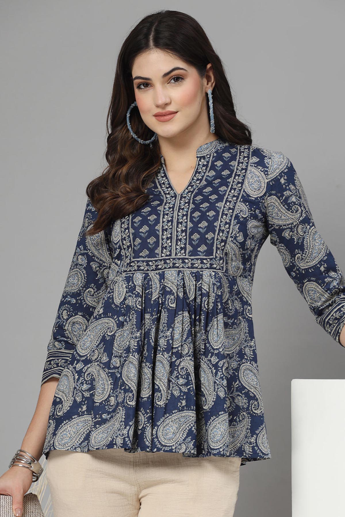 Dark Blue Paisley Printed Top