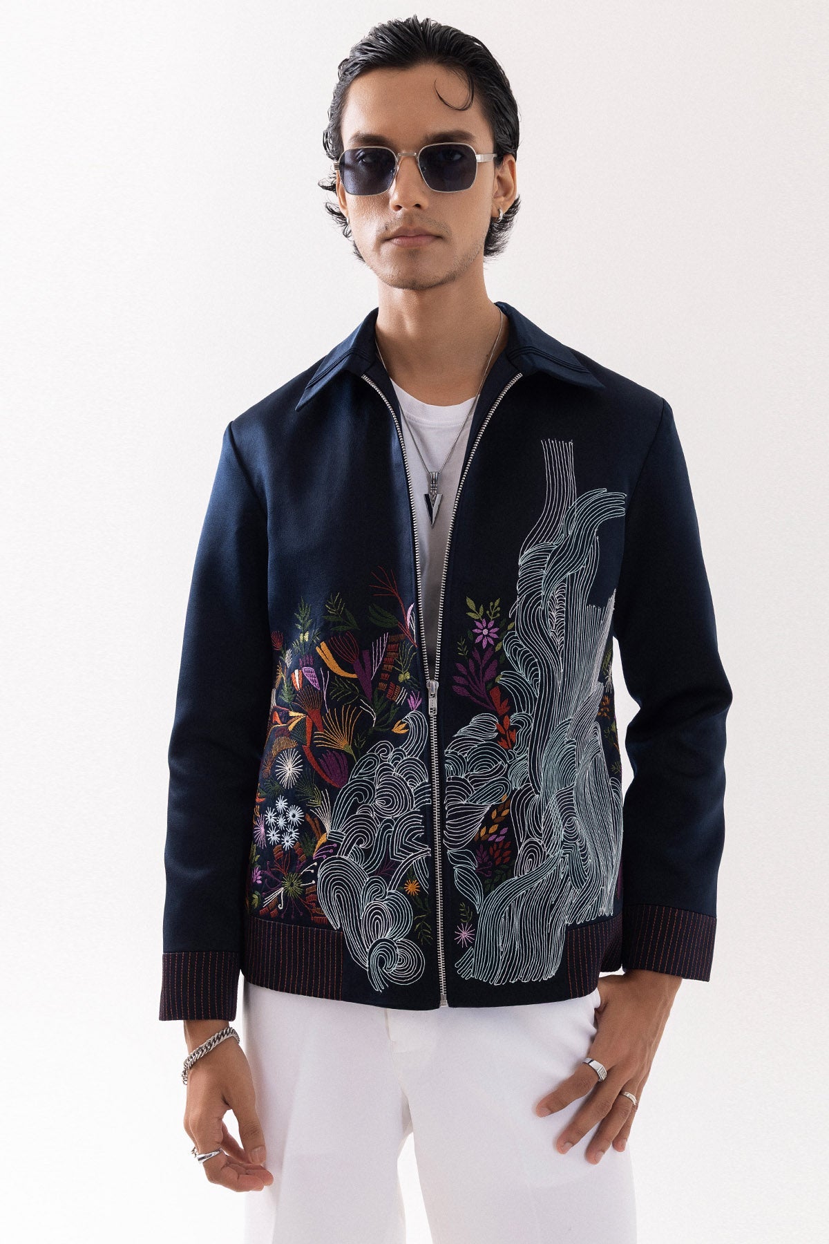 Buy Dark Blue Suede Bomber Jacket for men by Paarsh Atelier online available at scrollnshops