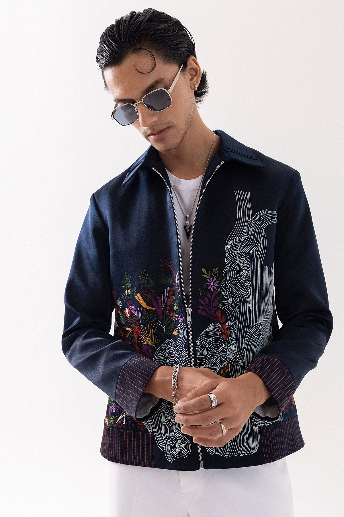 Dark Blue Suede Bomber Jacket