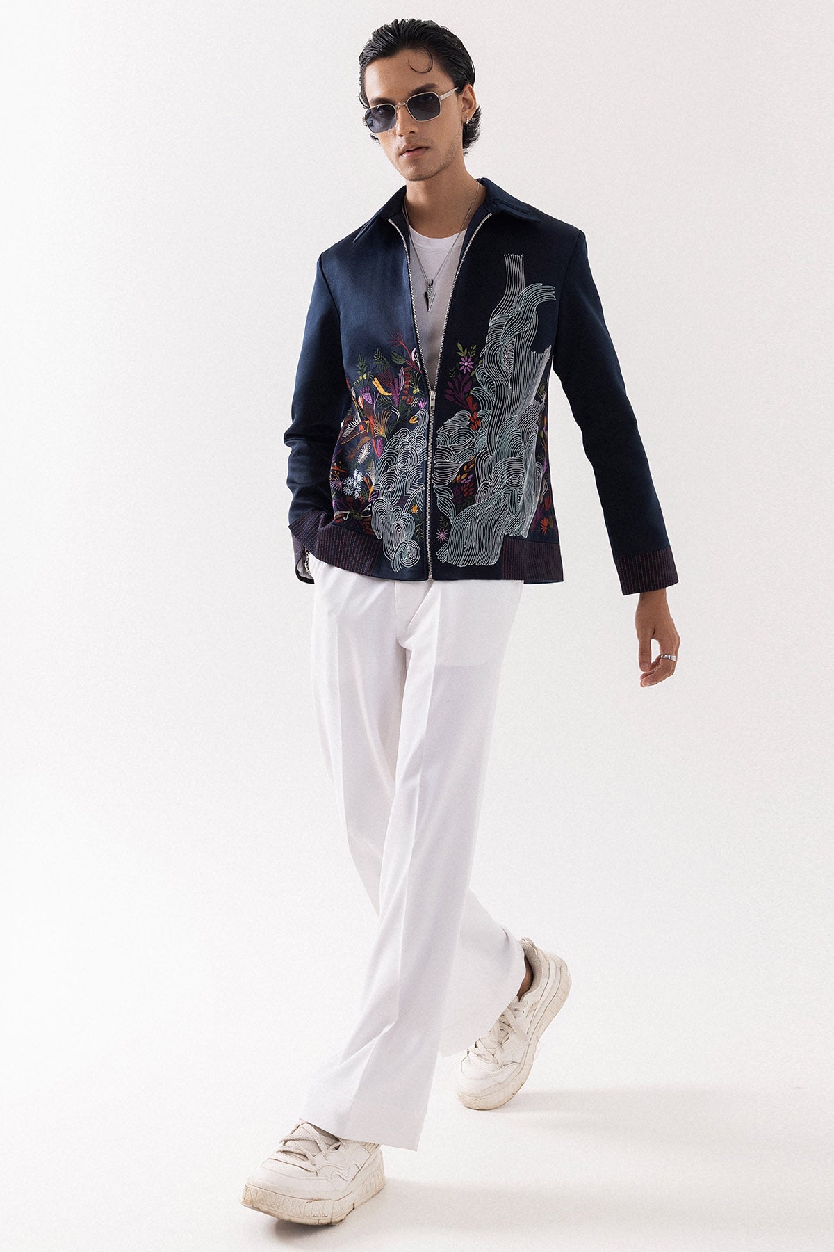 Dark Blue Suede Bomber Jacket