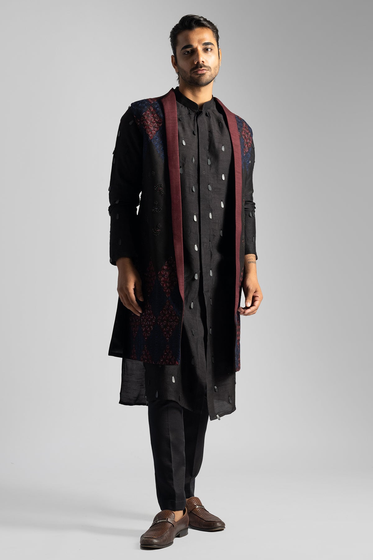 Dark Brown Threaded Kurta Set