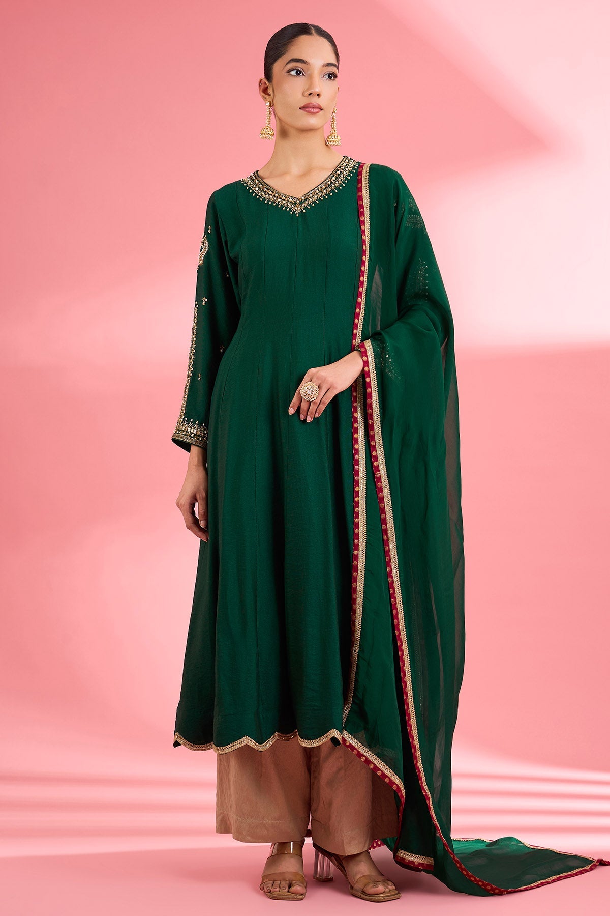 Buy Dark Green Katan Silk Kurta Set for women by Milu Madan online available at scrollnshops