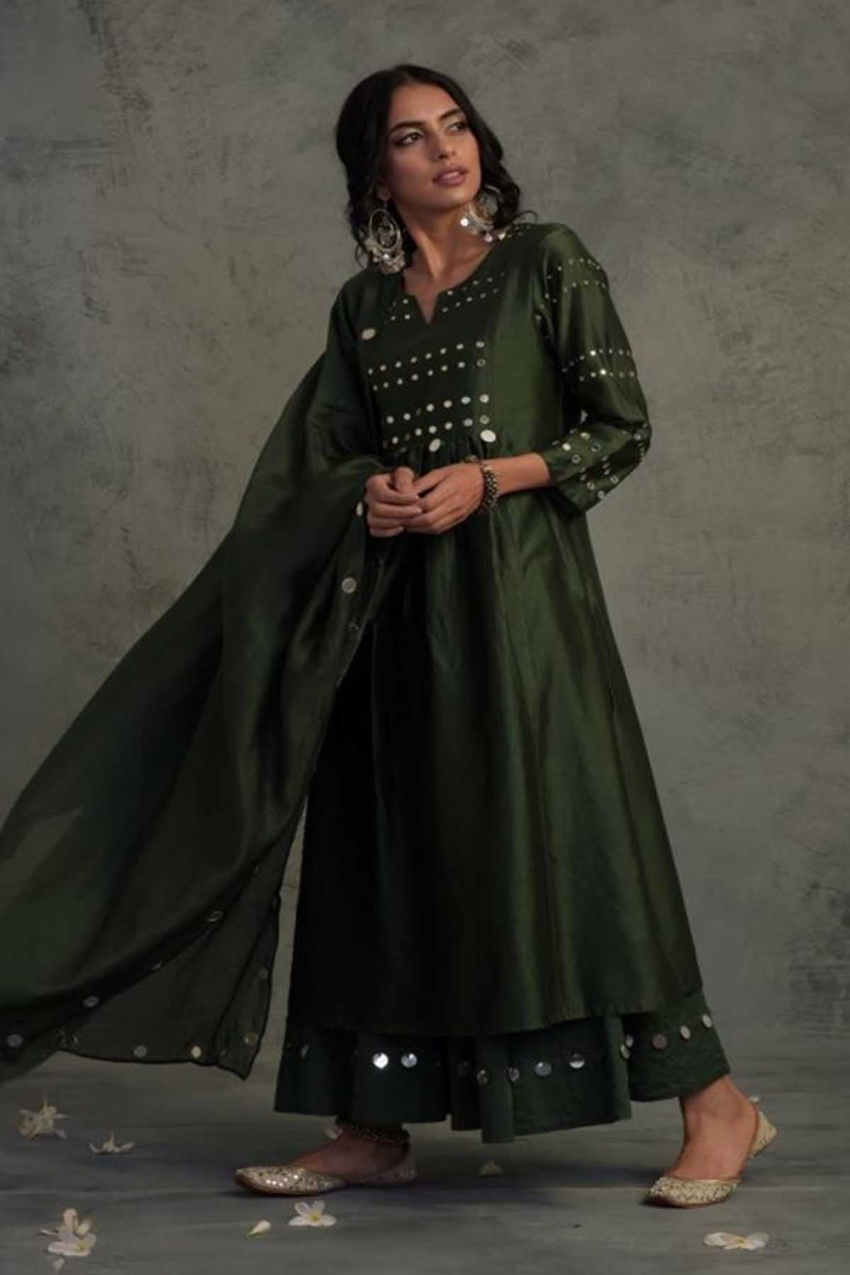 Dark Green Mirror Work Kurta Set