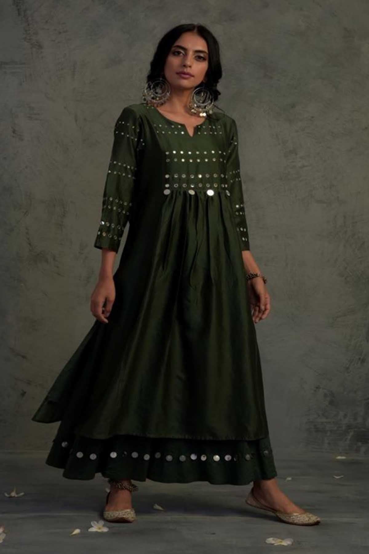 Dark Green Mirror Work Kurta Set
