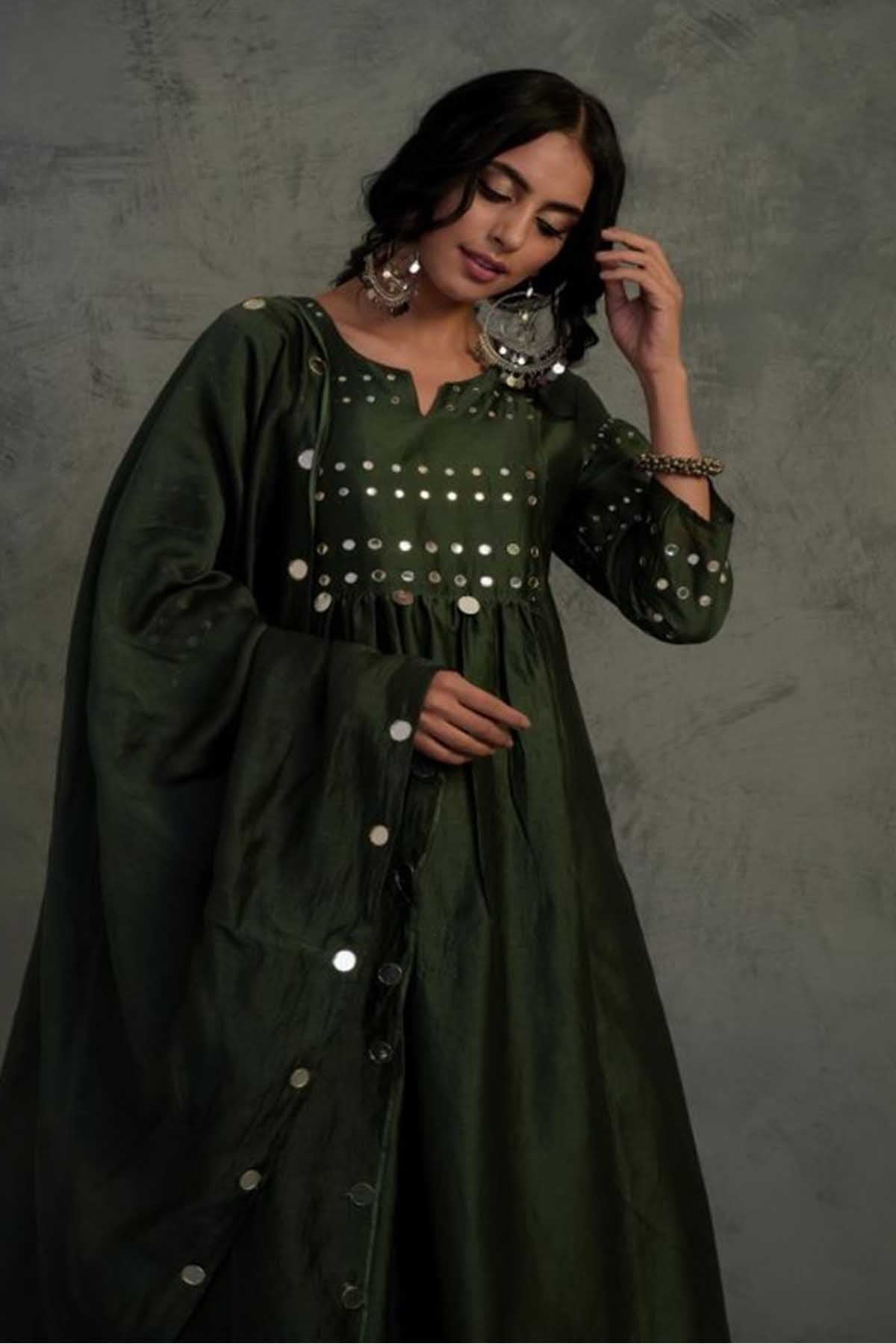 Dark Green Mirror Work Kurta Set