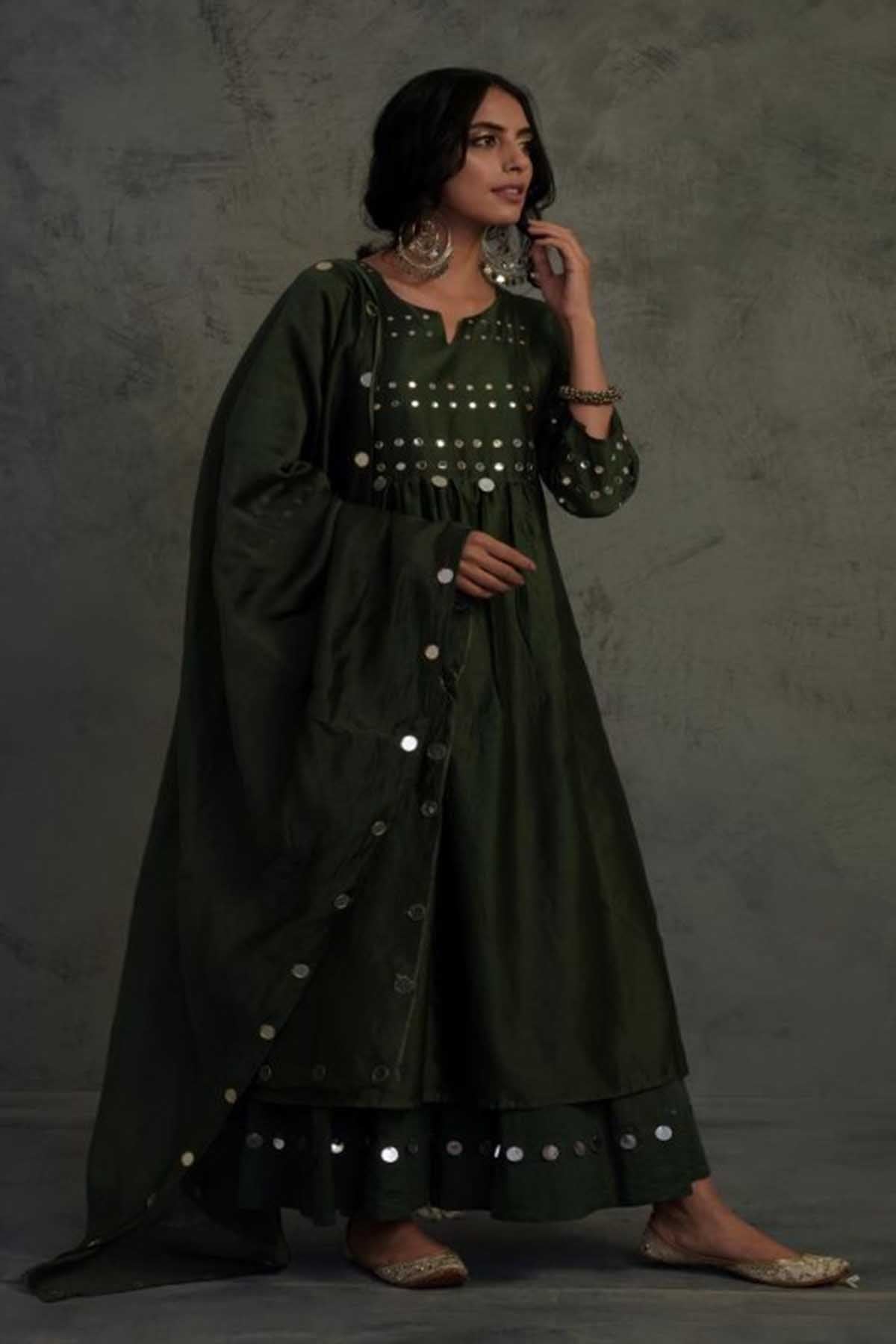 Buy Dark Green Mirror Work Kurta Set Online