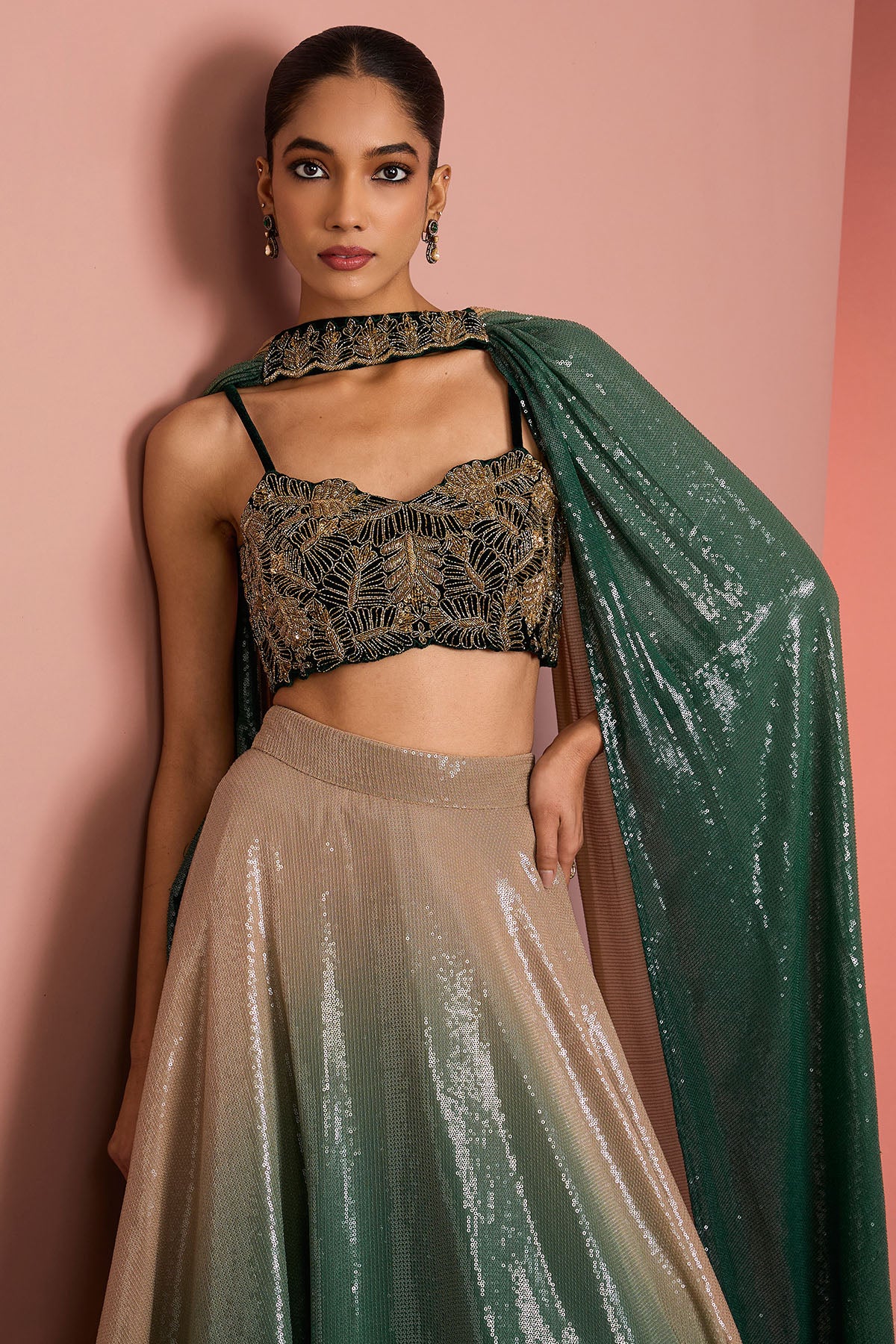 Dark Green Ombre Lehenga Set