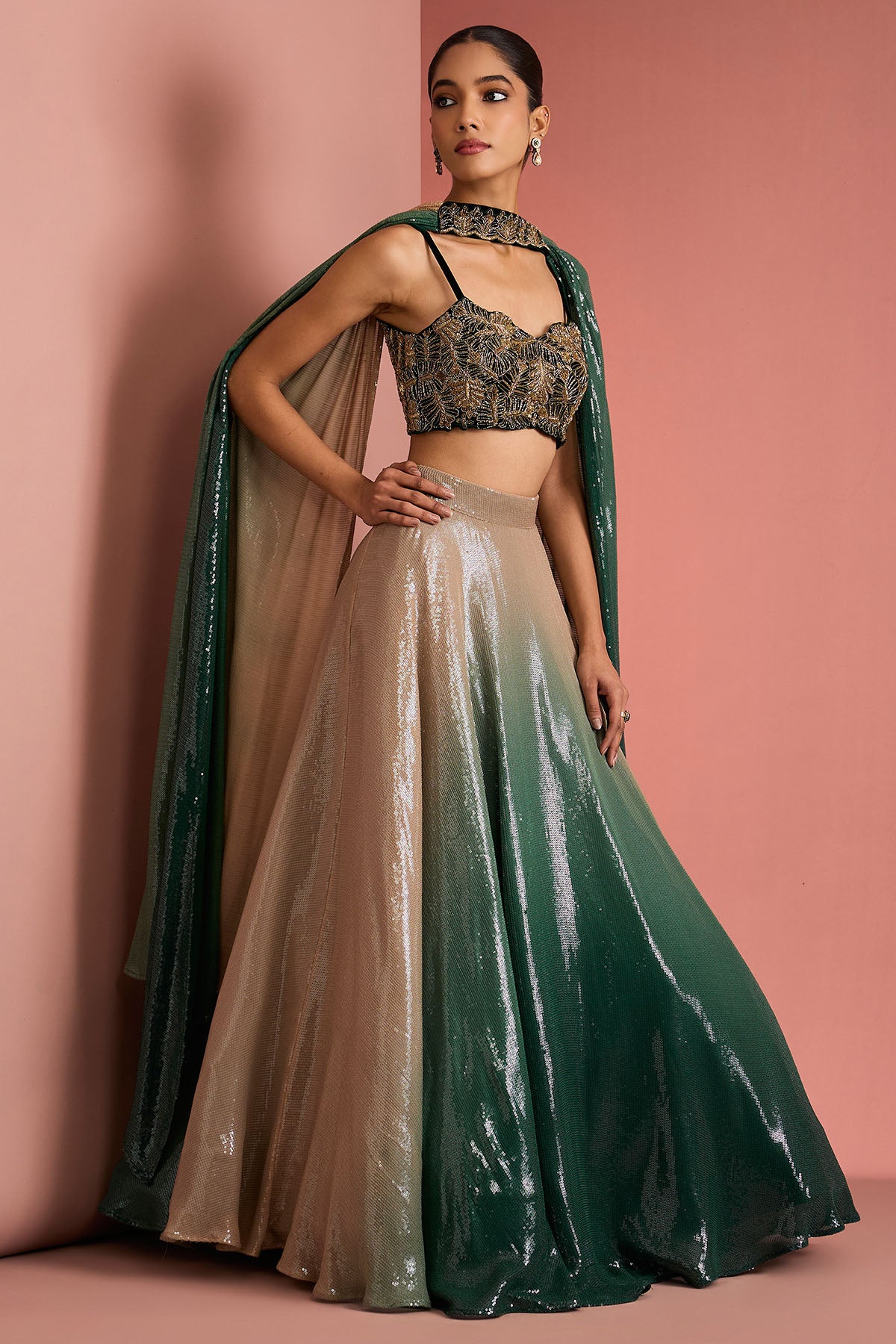Dark Green Ombre Lehenga Set